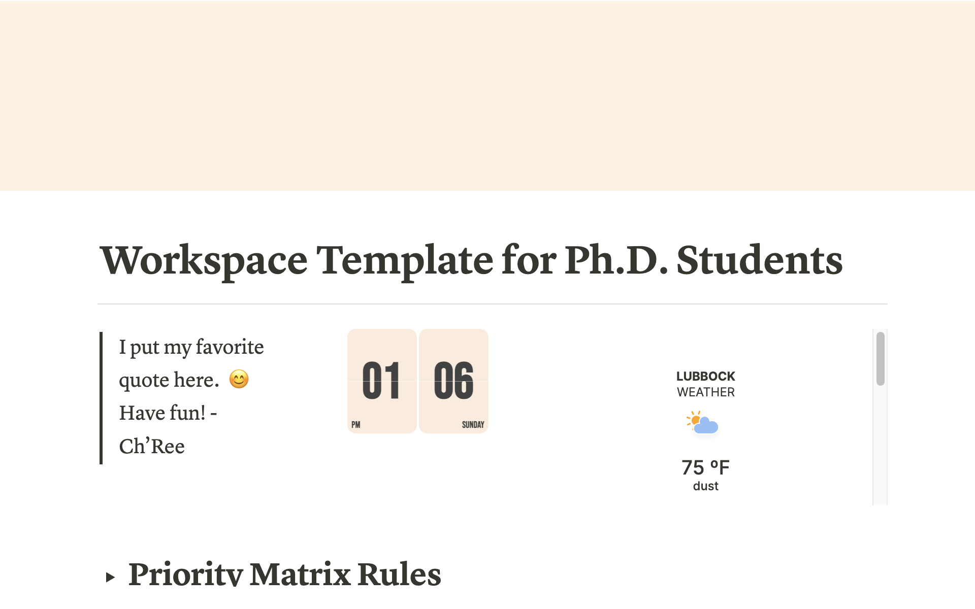 Vista previa de una plantilla para Workspace Template for Ph.D. Students