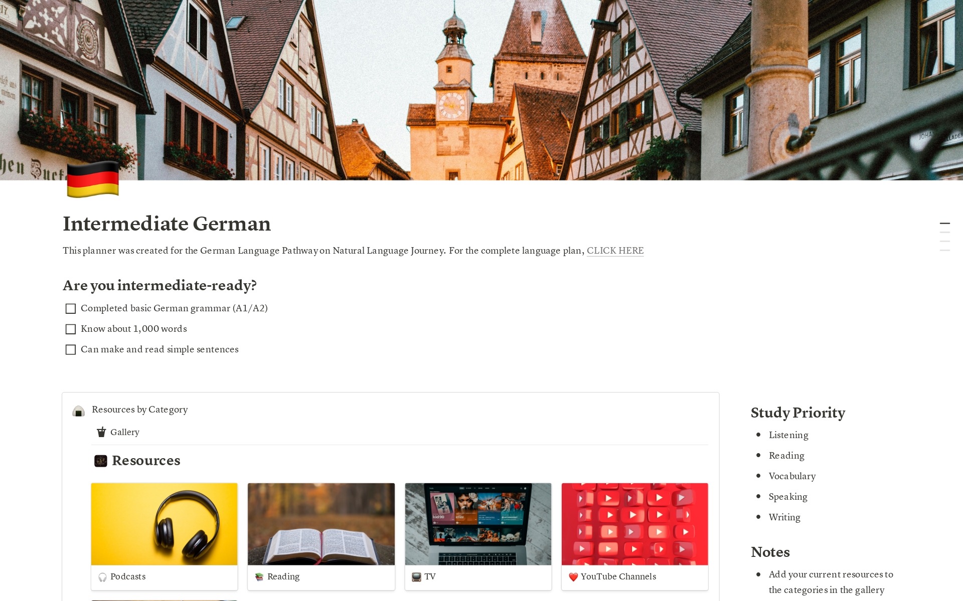 A template preview for Intermediate German