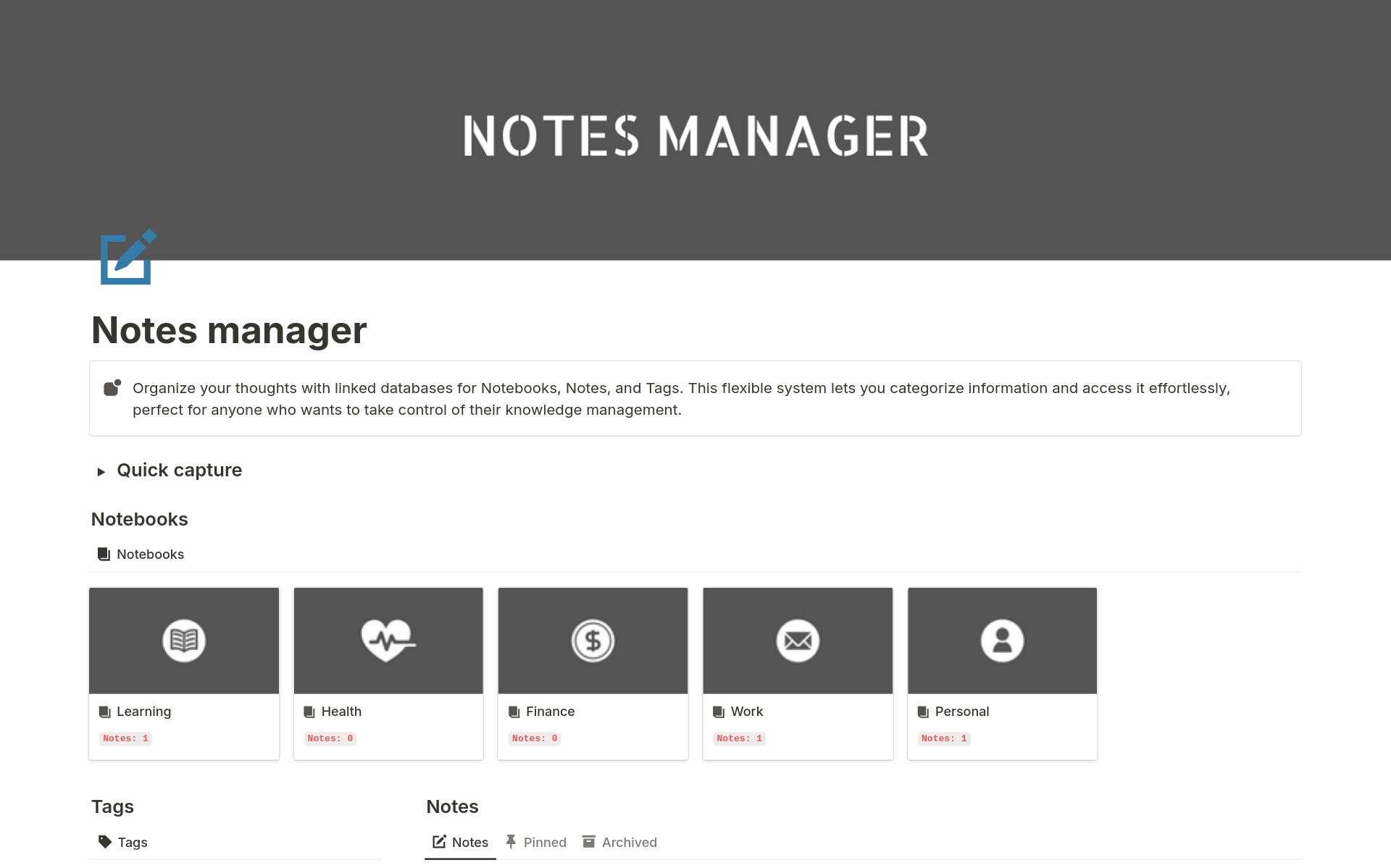 Organize your thoughts with linked databases for Notebooks, Notes, and Tags. This flexible system lets you categorize information and access it effortlessly, perfect for anyone who wants to take control of their knowledge management.