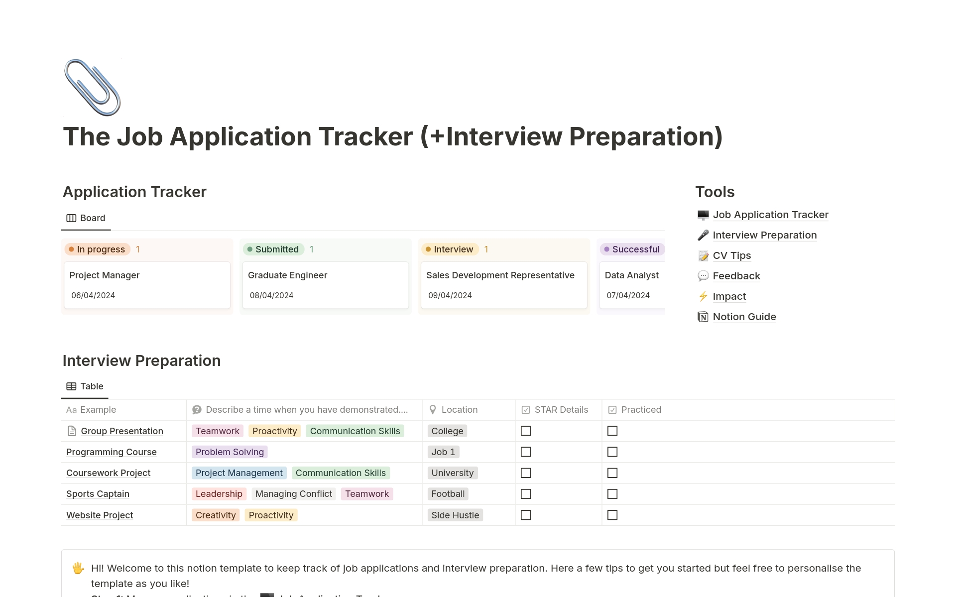 Uma prévia do modelo para Job Application Tracker & Interview Preparation