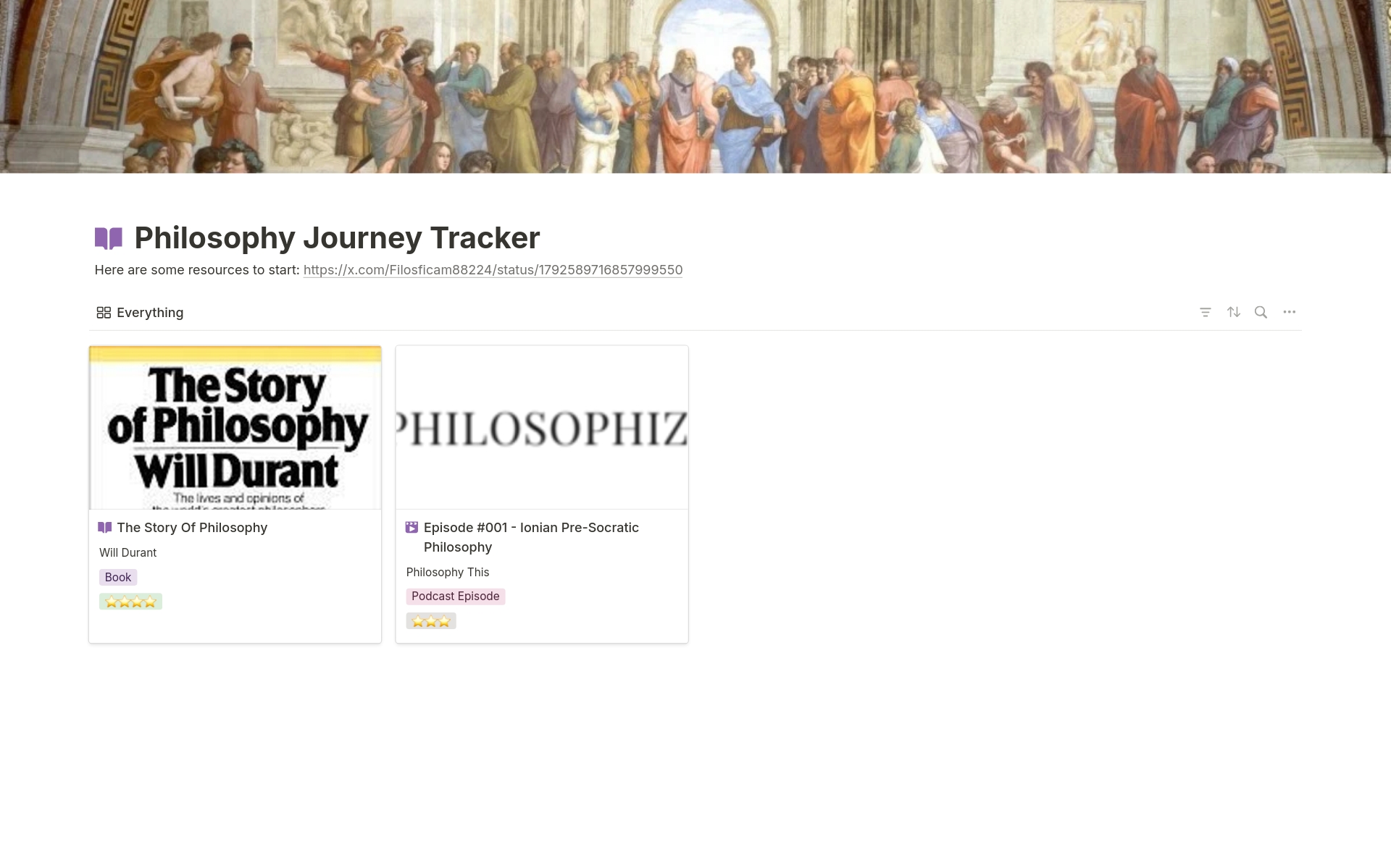Vista previa de una plantilla para Philosophy Journey Tracker