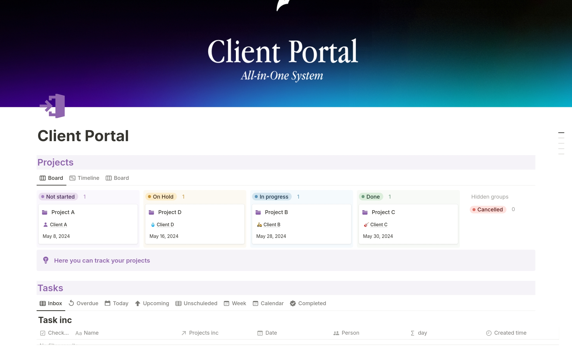 Notion Template Client Portal, Notion Client Dashboard, Notion Dashboard for Freelancer and Business, Project Management, Client Tracker.