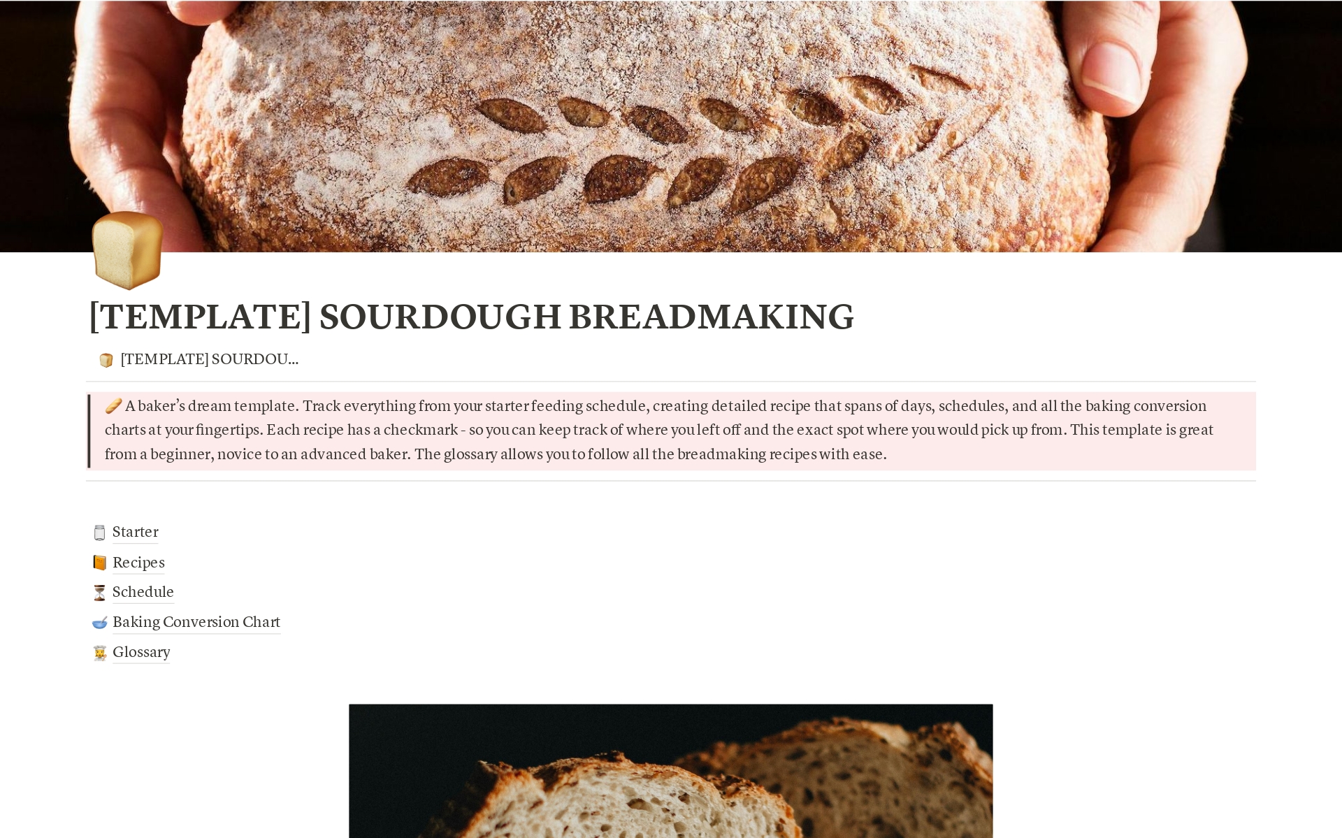 A baker's dream template. Everything you need for your sourdough breadmaking journey. Sourdough breadmaking is a slow process with detailed recipe instructions to follow. Track your starter, detailed recipe templates, handy conversion charts, and a glossary at your fingertips. 