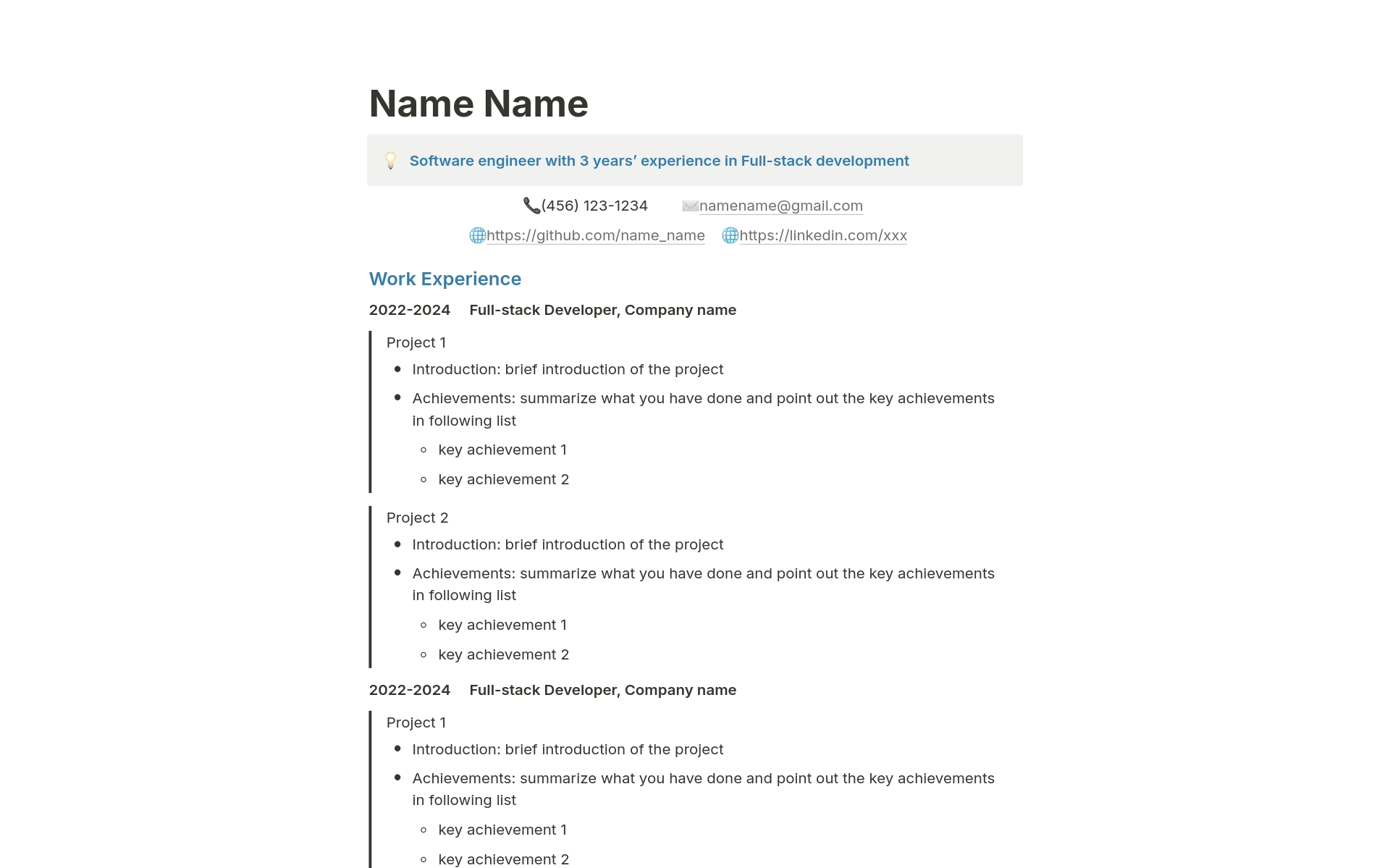 En förhandsgranskning av mallen för Resume/CV for software developers