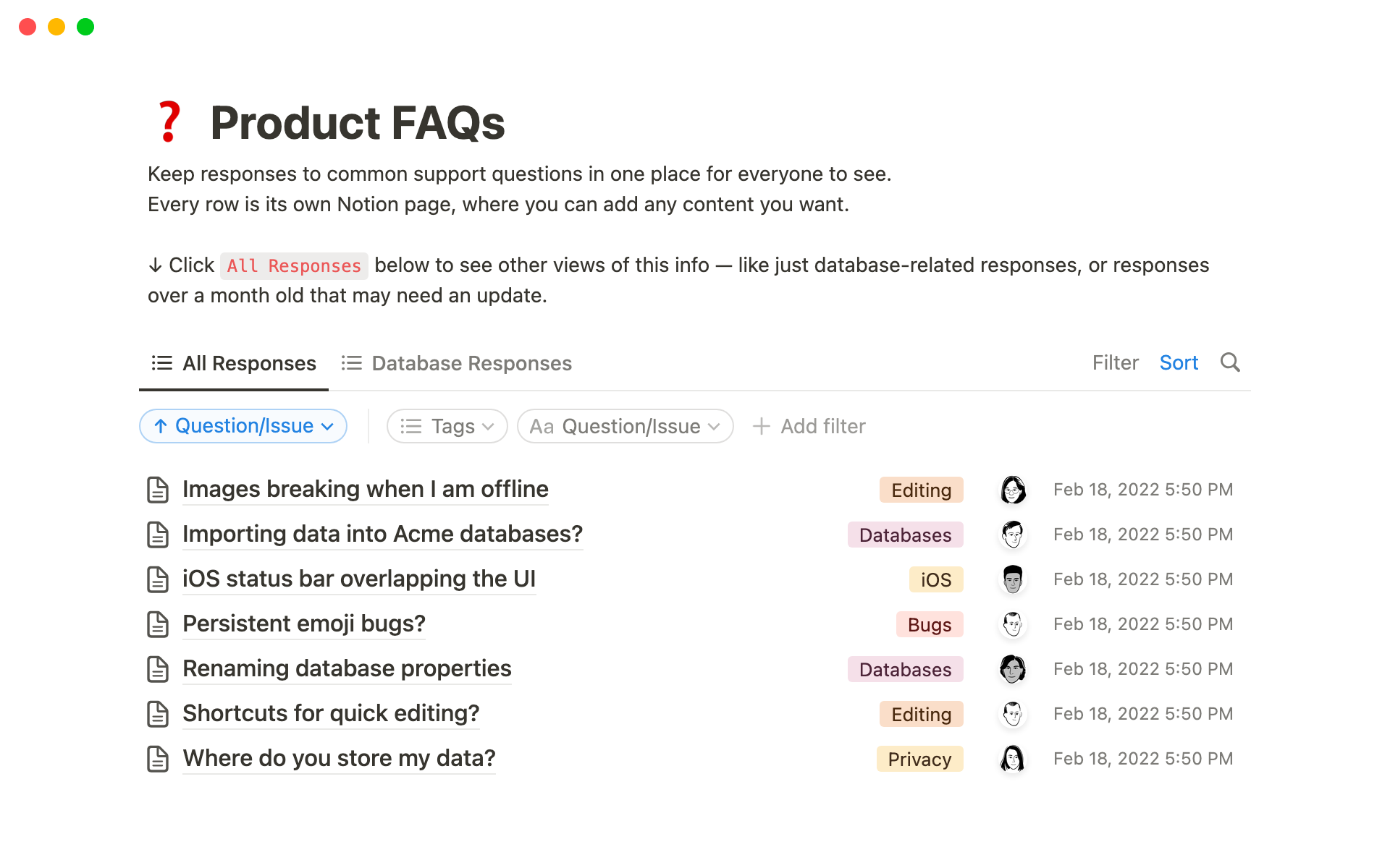 En förhandsgranskning av mallen för Product FAQs