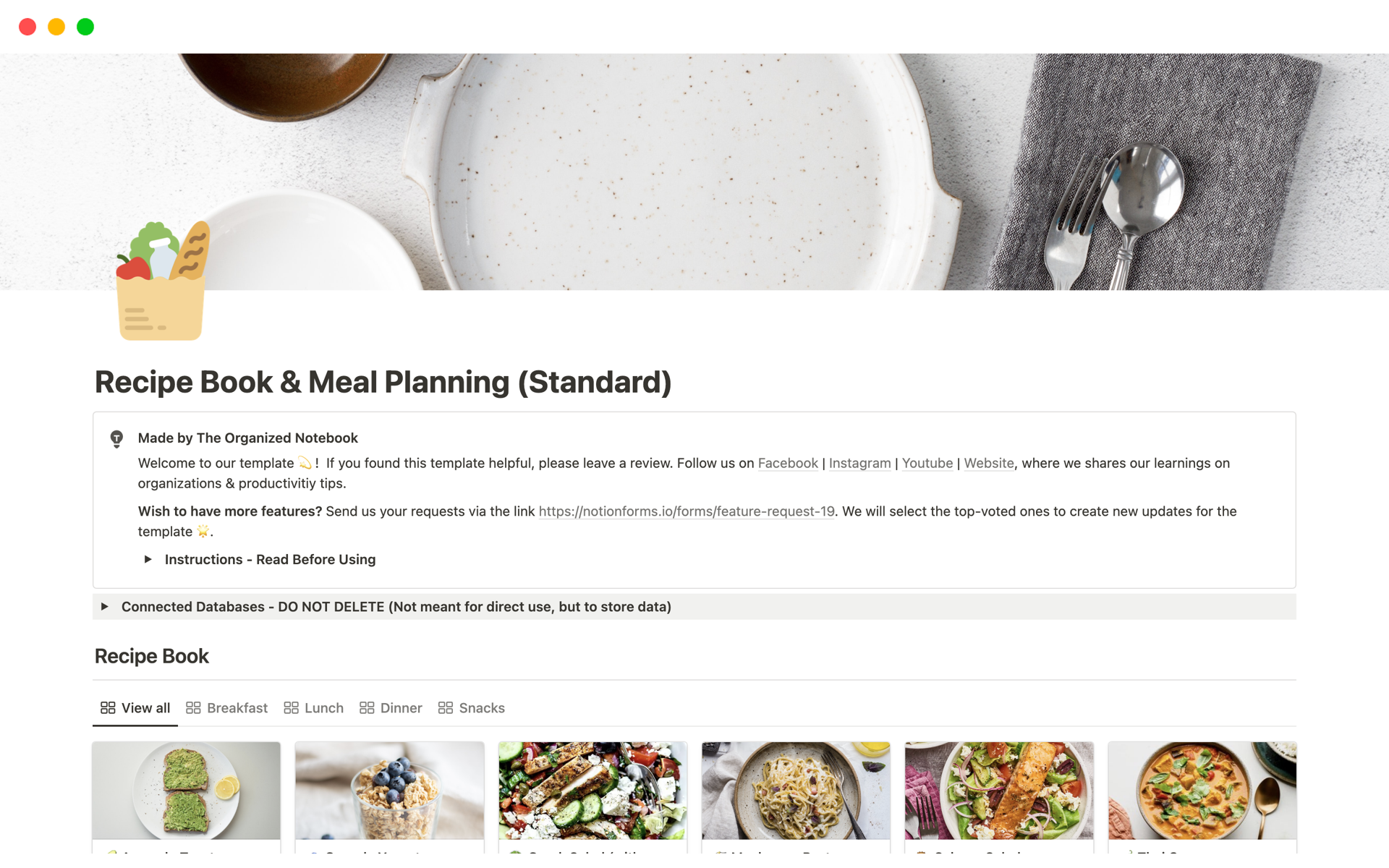 En forhåndsvisning av mal for Recipe Book & Meal Planning (Standard)
