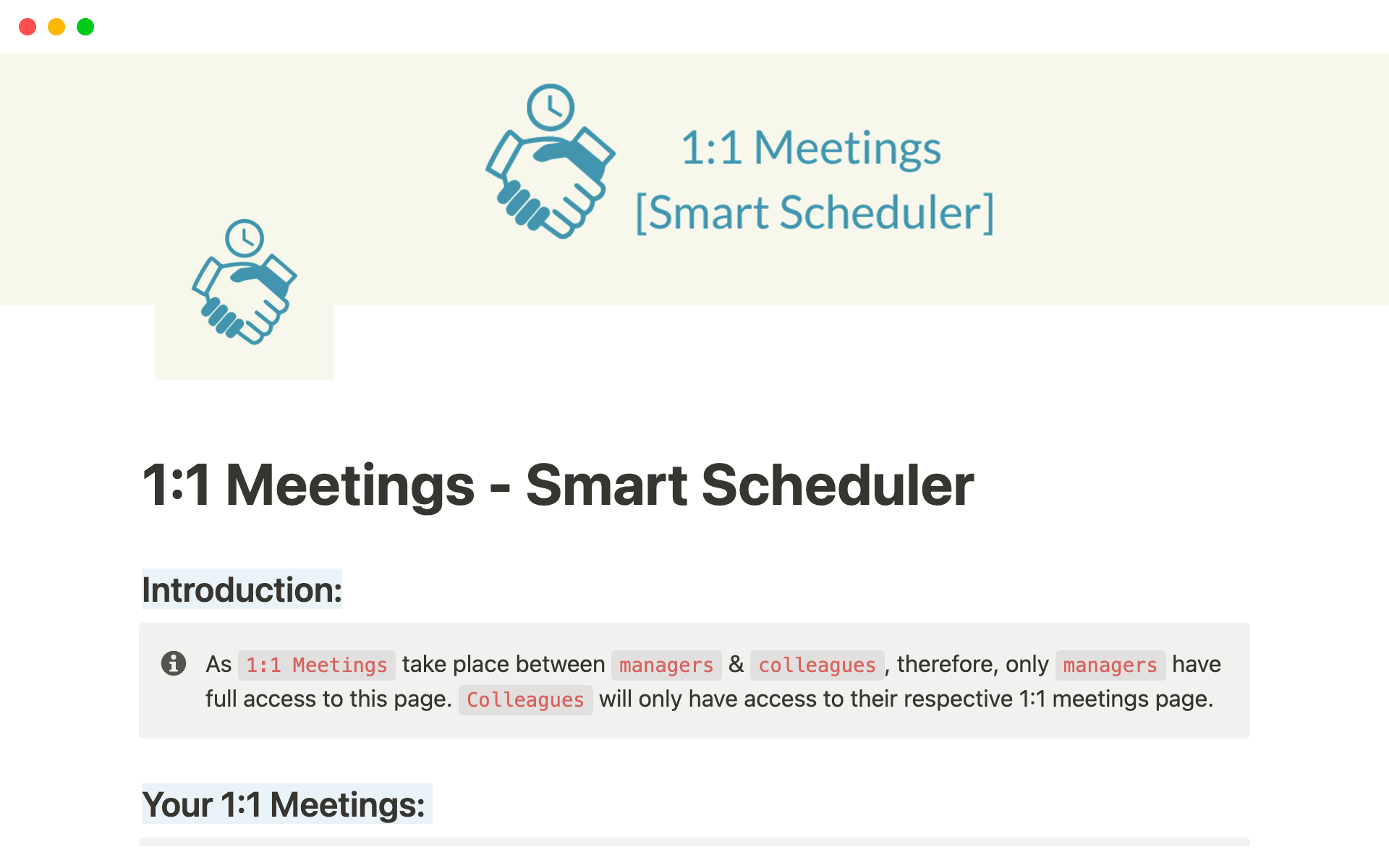 En förhandsgranskning av mallen för 1:1 Meetings - Smart Scheduler