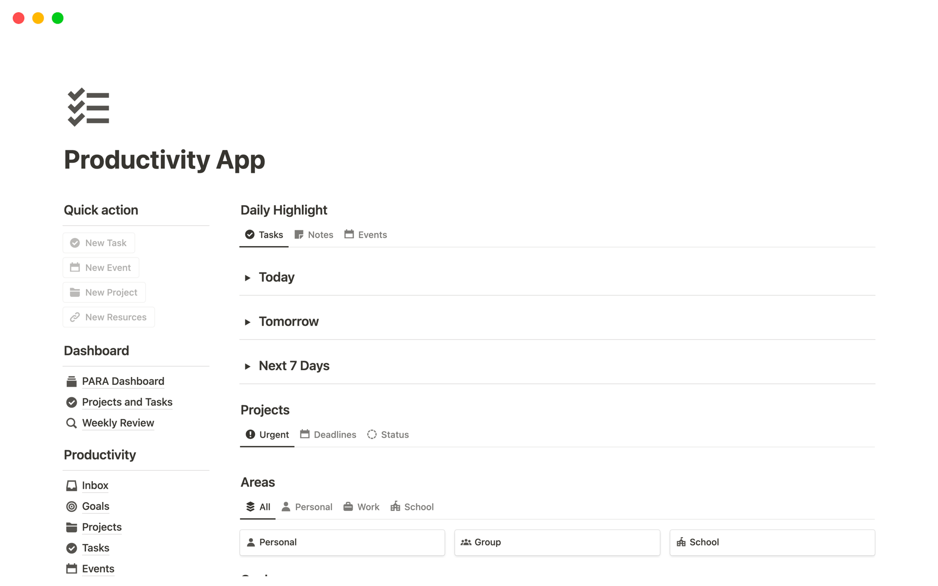 Vista previa de una plantilla para Productivity App