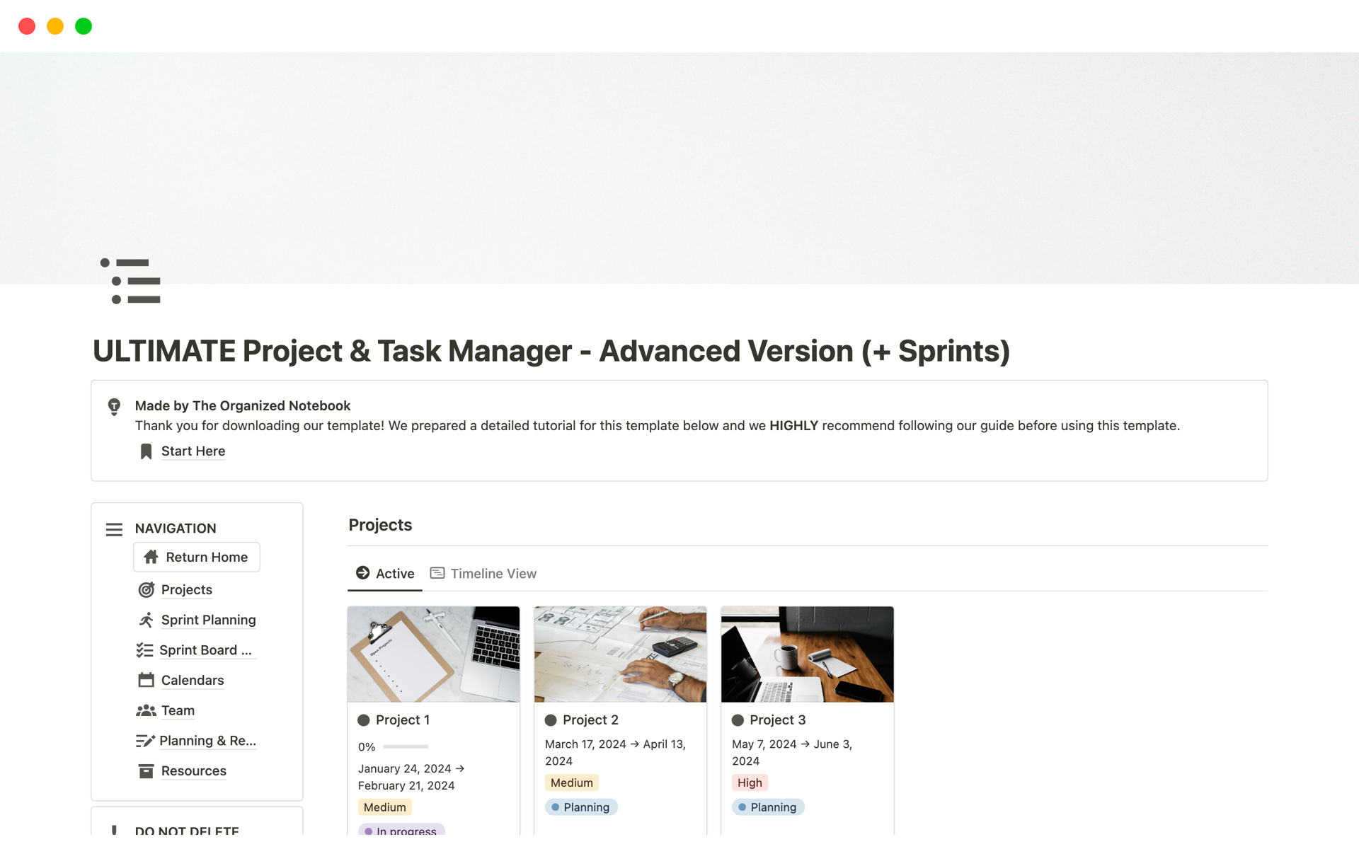 En förhandsgranskning av mallen för ULTIMATE Project & Task Manager - Advanced Version