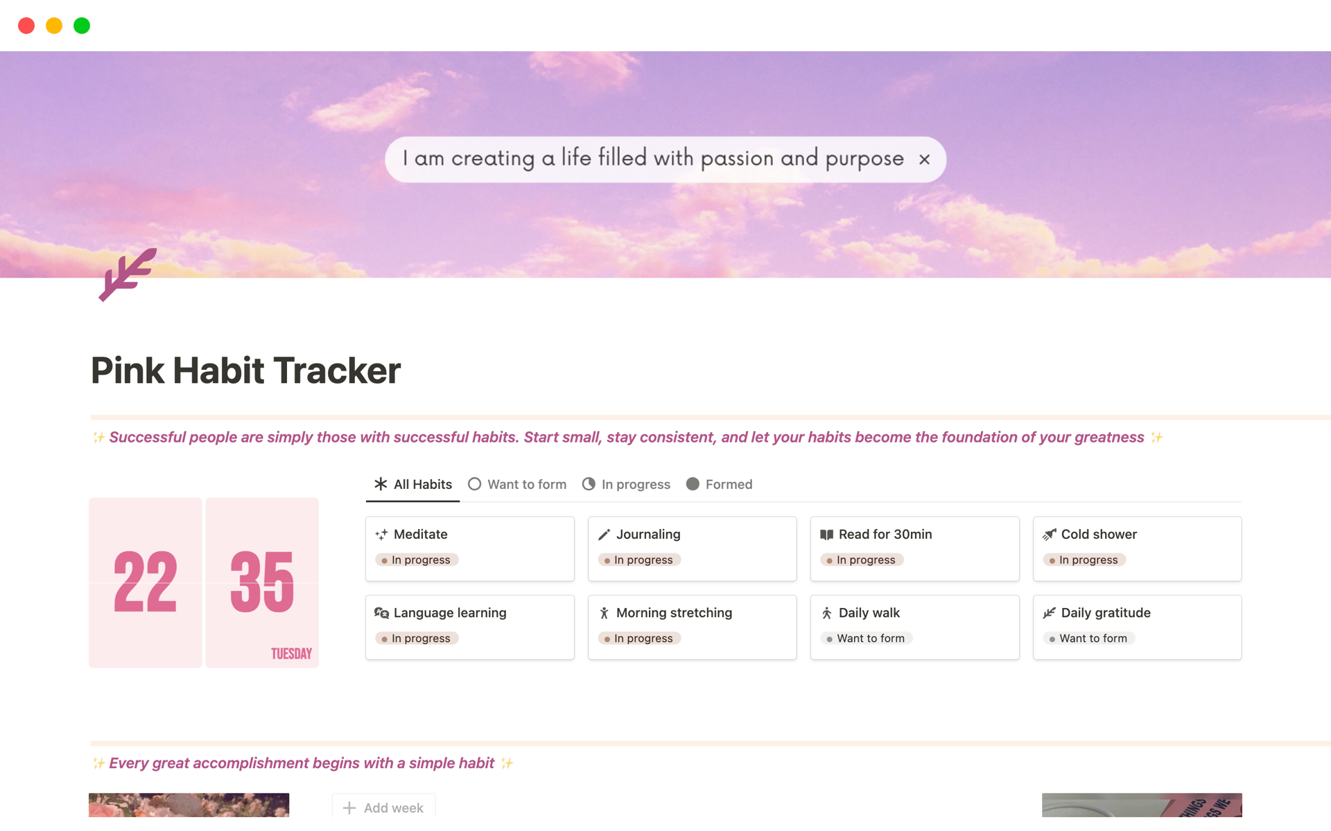 This Notion Habit Tracker is an automated, customizable digital template that helps you create and track beneficial habits with an intuitive progress bar and automatic motivational comments