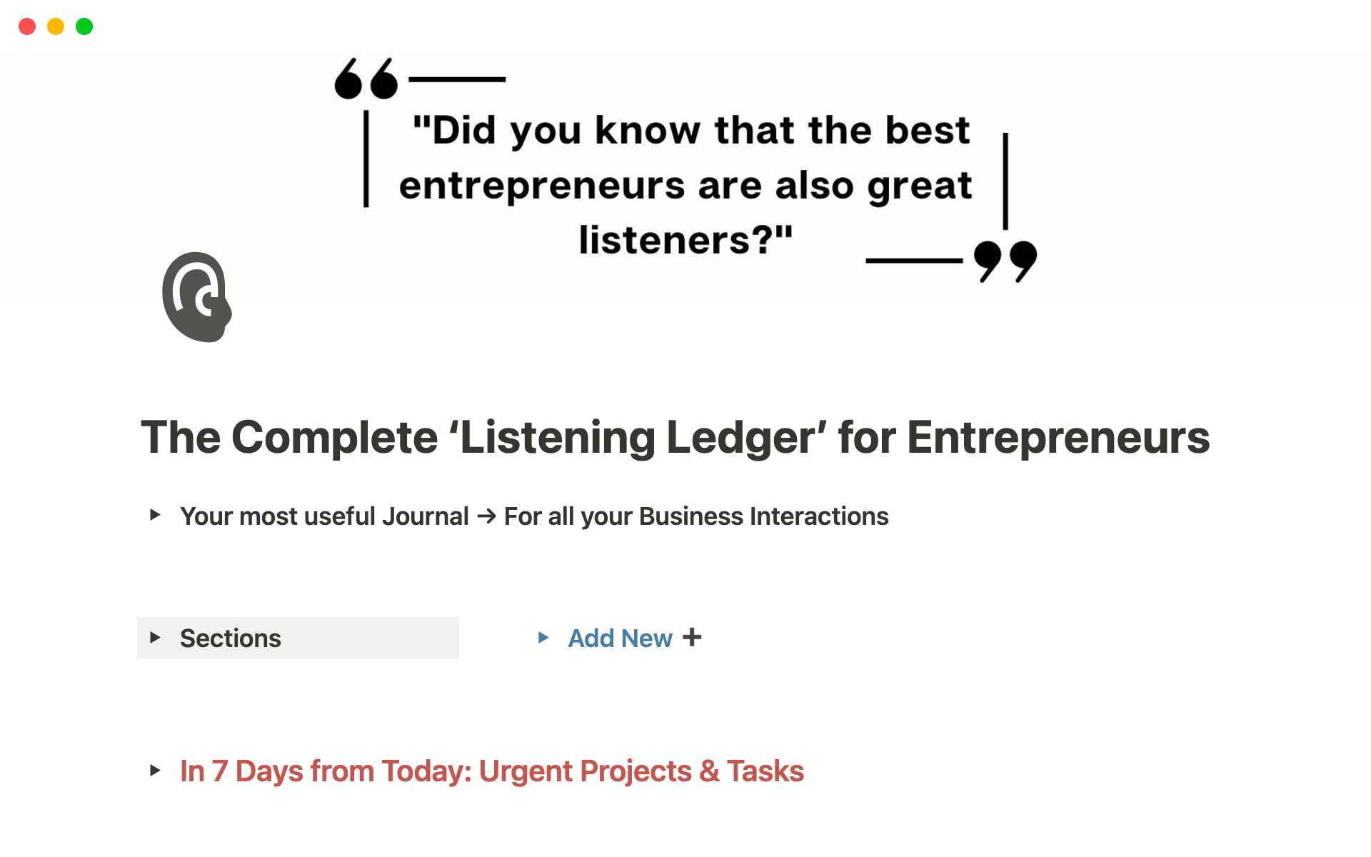 En forhåndsvisning av mal for MOWO Listening Ledger for Entrepreneurs