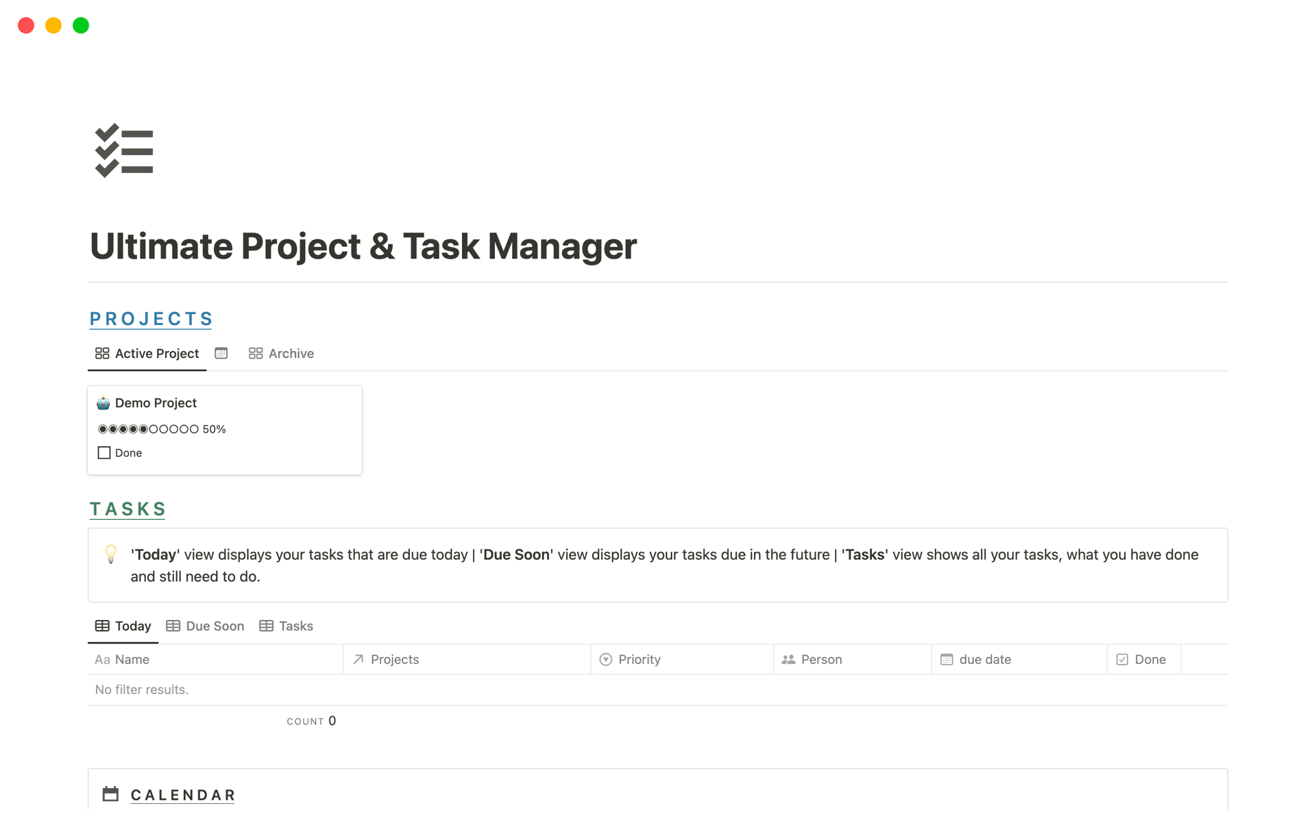 En forhåndsvisning av mal for Ultimate Project & Task Manager