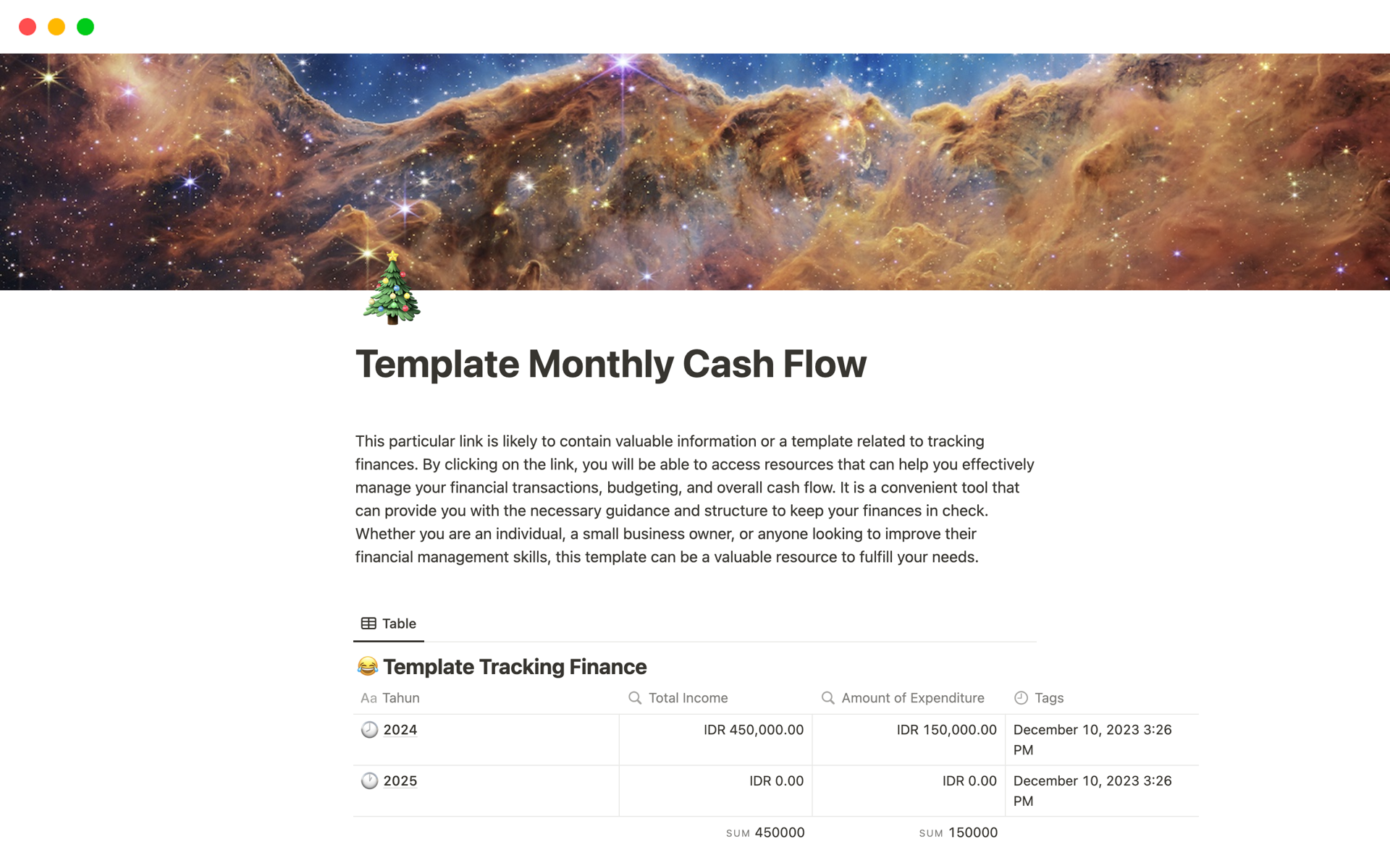 Uma prévia do modelo para Monthly Cash Flow