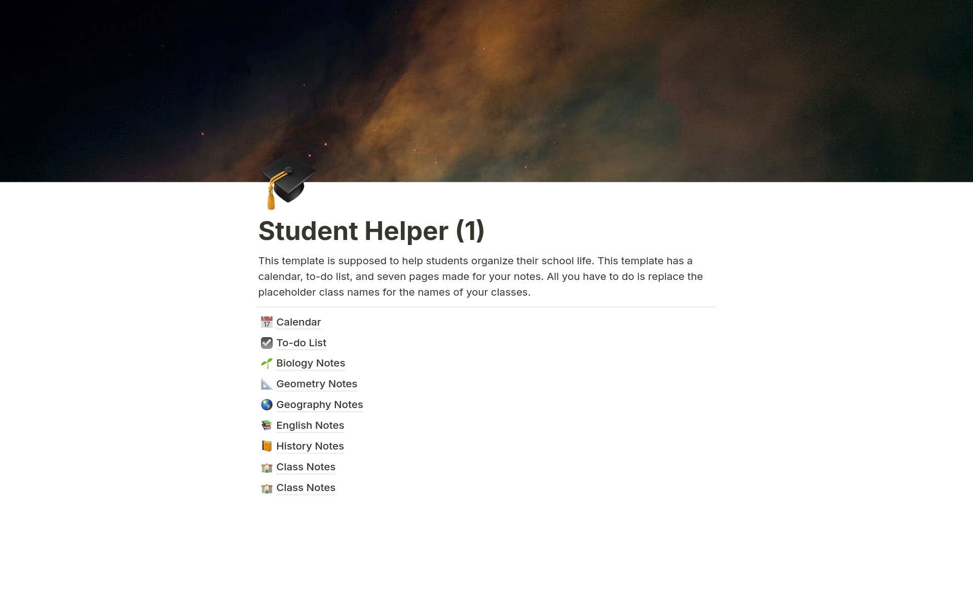 En forhåndsvisning av mal for Student Helper