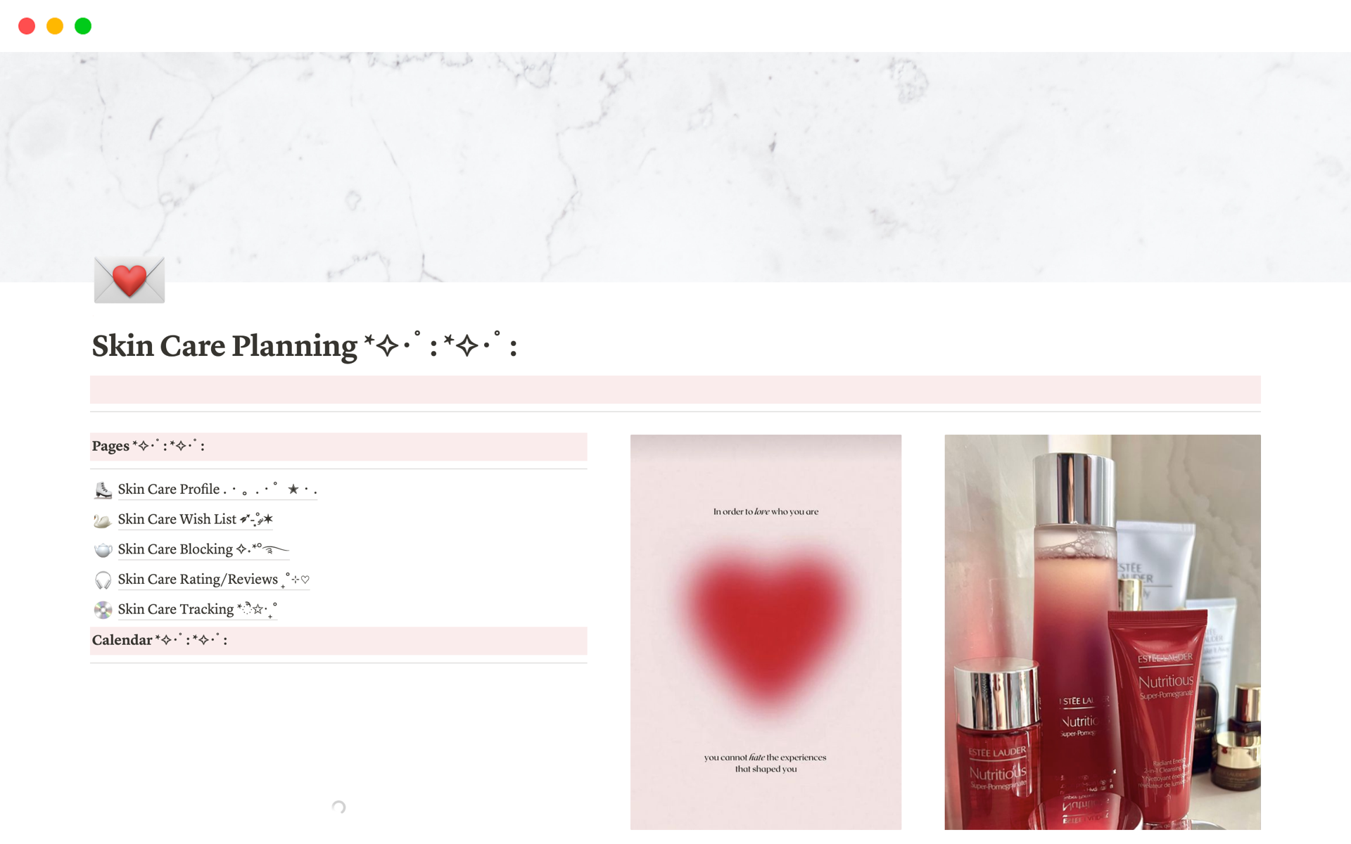 The Skincare Planning Notion Template includes pages for Skincare Profile, Skincare Wish list, Skincare Blocking, Skincare Rating/Reviews, and Skincare Tracking, offering a complete solution for optimizing your skincare routine.