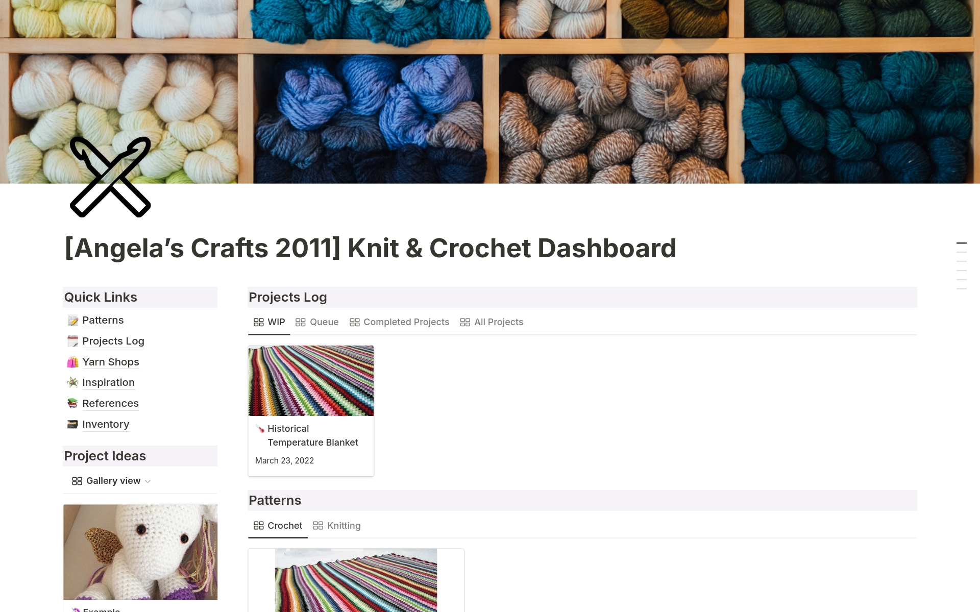 If you are both a Notion lover and a Yarn lover, then you need this Knit & Crochet Dashboard!

This template features sections which work together to create a seamless work flow for all of your knit and crochet projects.