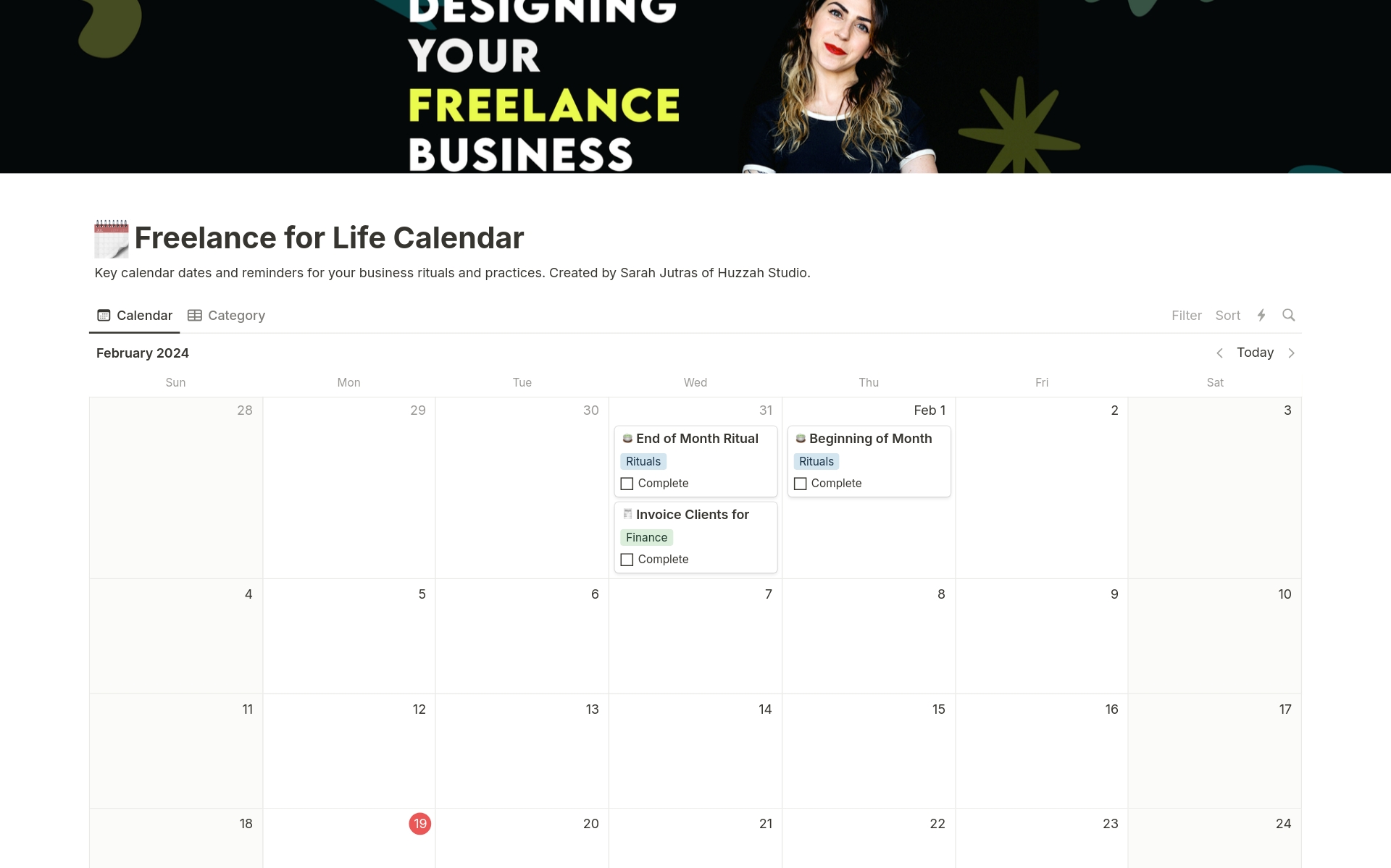 En förhandsgranskning av mallen för Freelance for Life Calendar