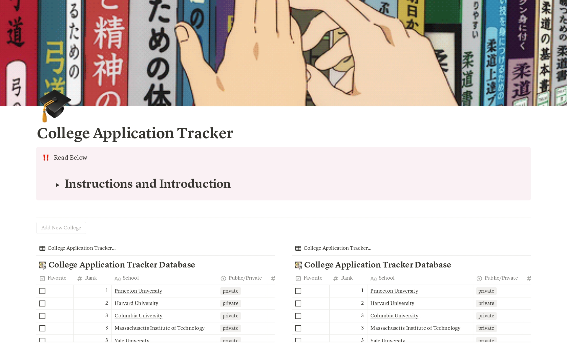 En forhåndsvisning av mal for College Tracker - Get to the School of Your Dreams