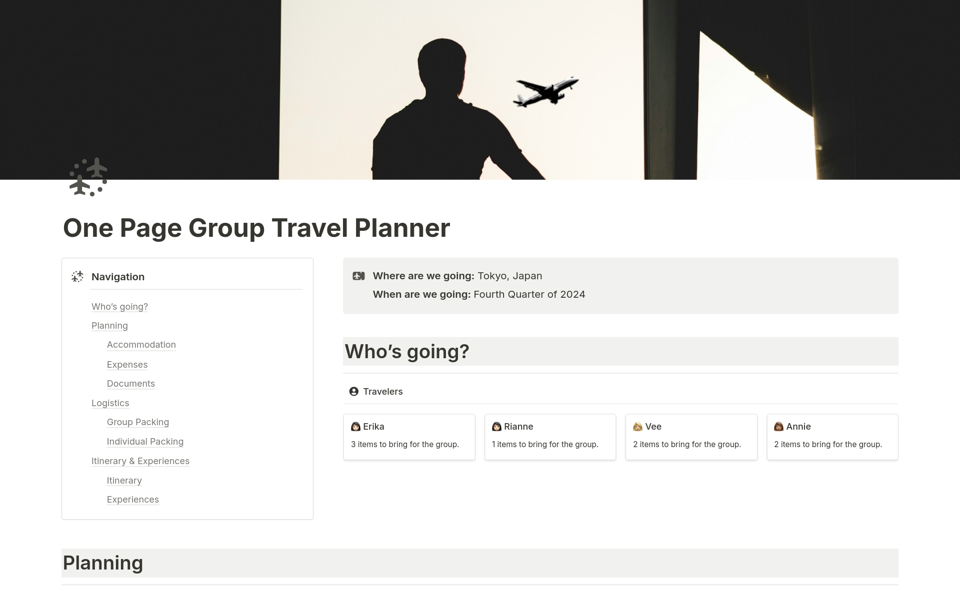 A template preview for One Page Group Travel Planner