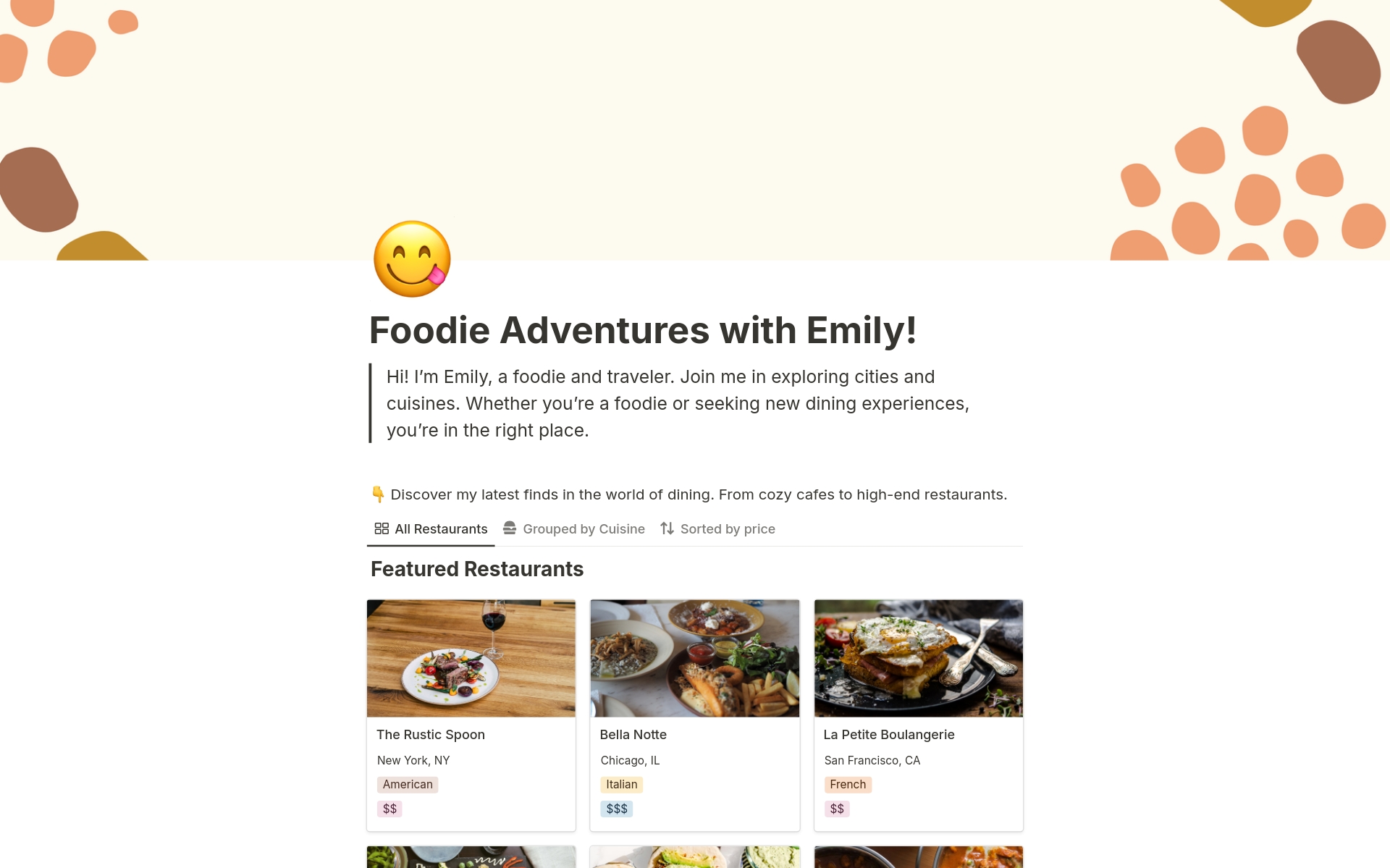 En förhandsgranskning av mallen för Foodie Adventures