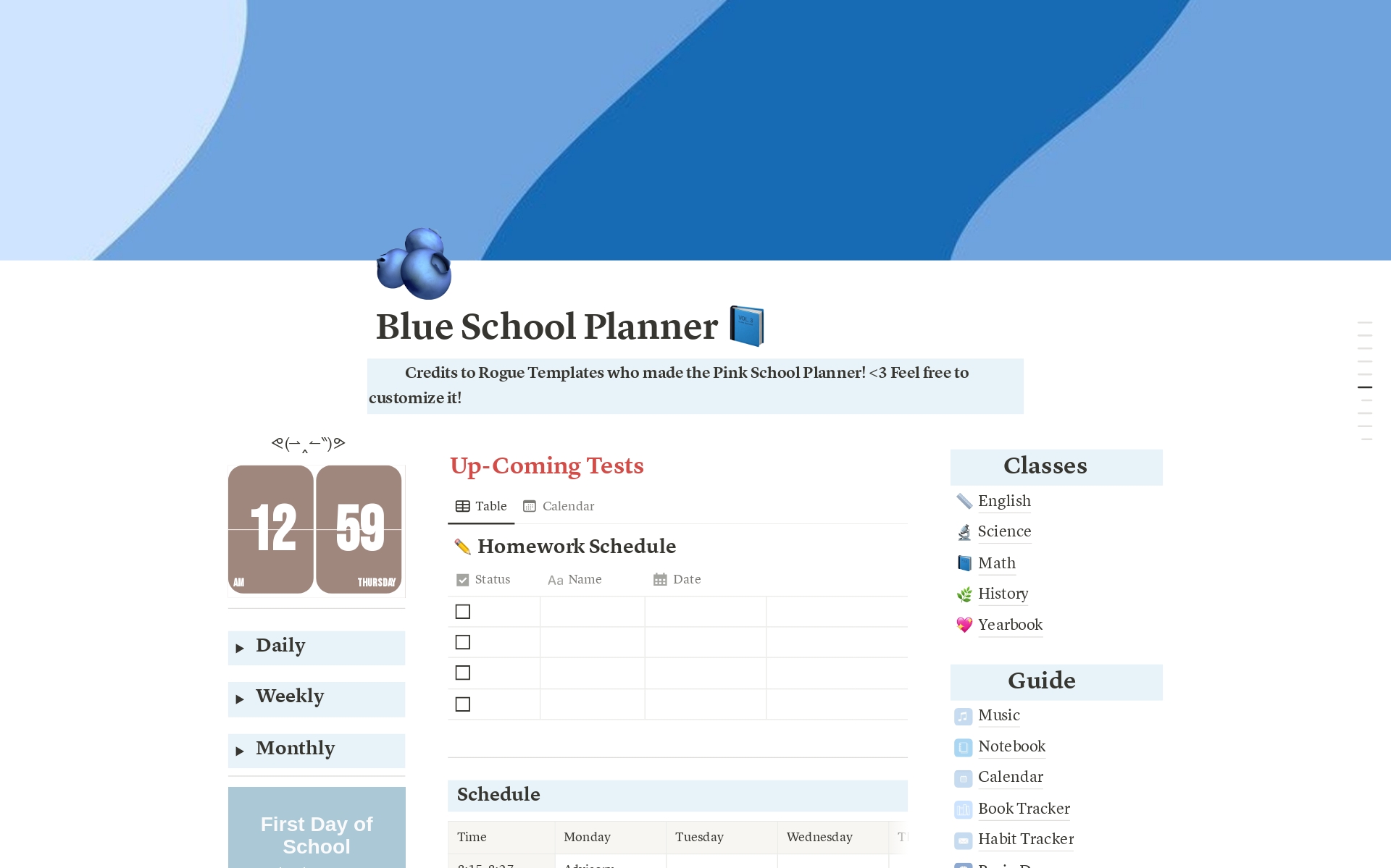 Blue school planner, credits to Rogue Templates for making this. I'm just saving people time by turning it blue for all the blue lovers! Thanks for using my template! <3