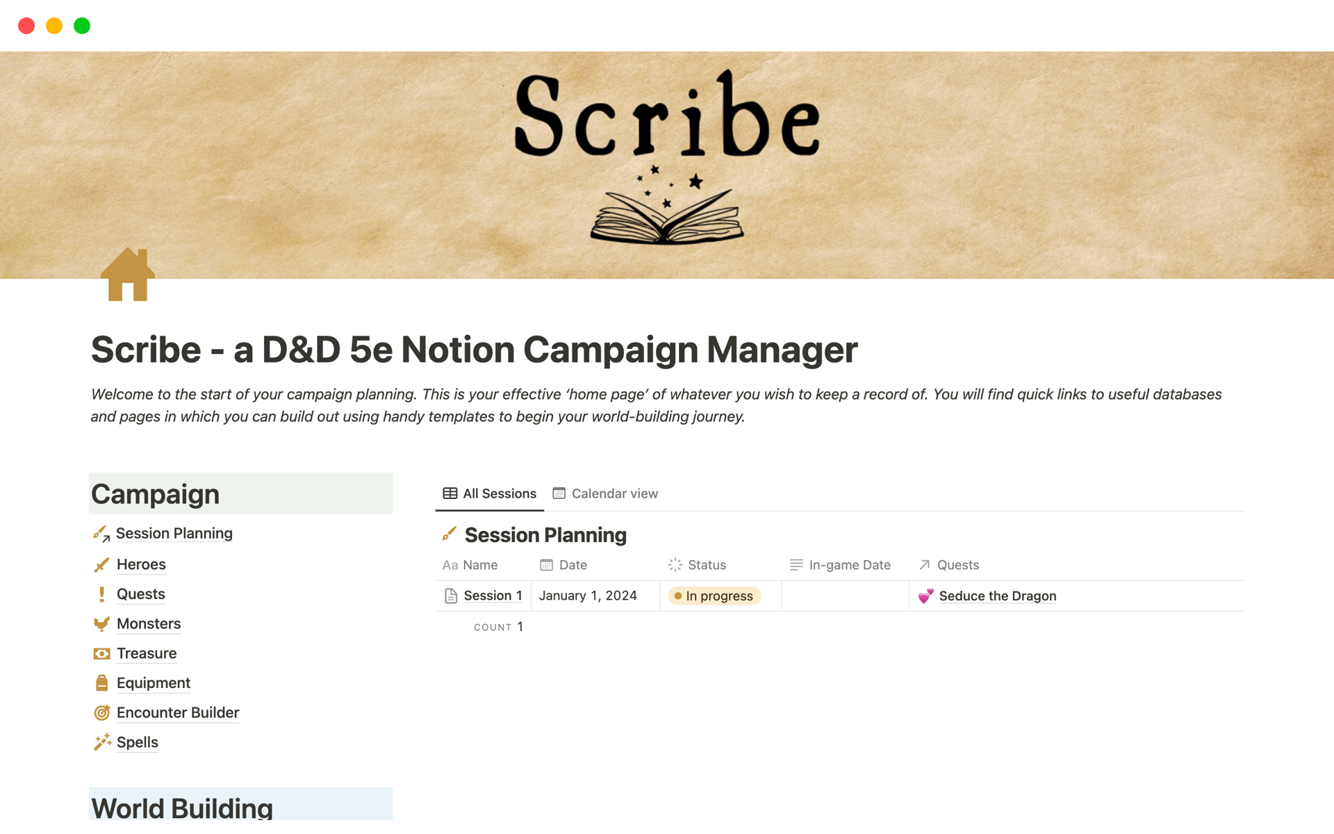 En förhandsgranskning av mallen för Scribe - a D&D 5e Notion Campaign Manager