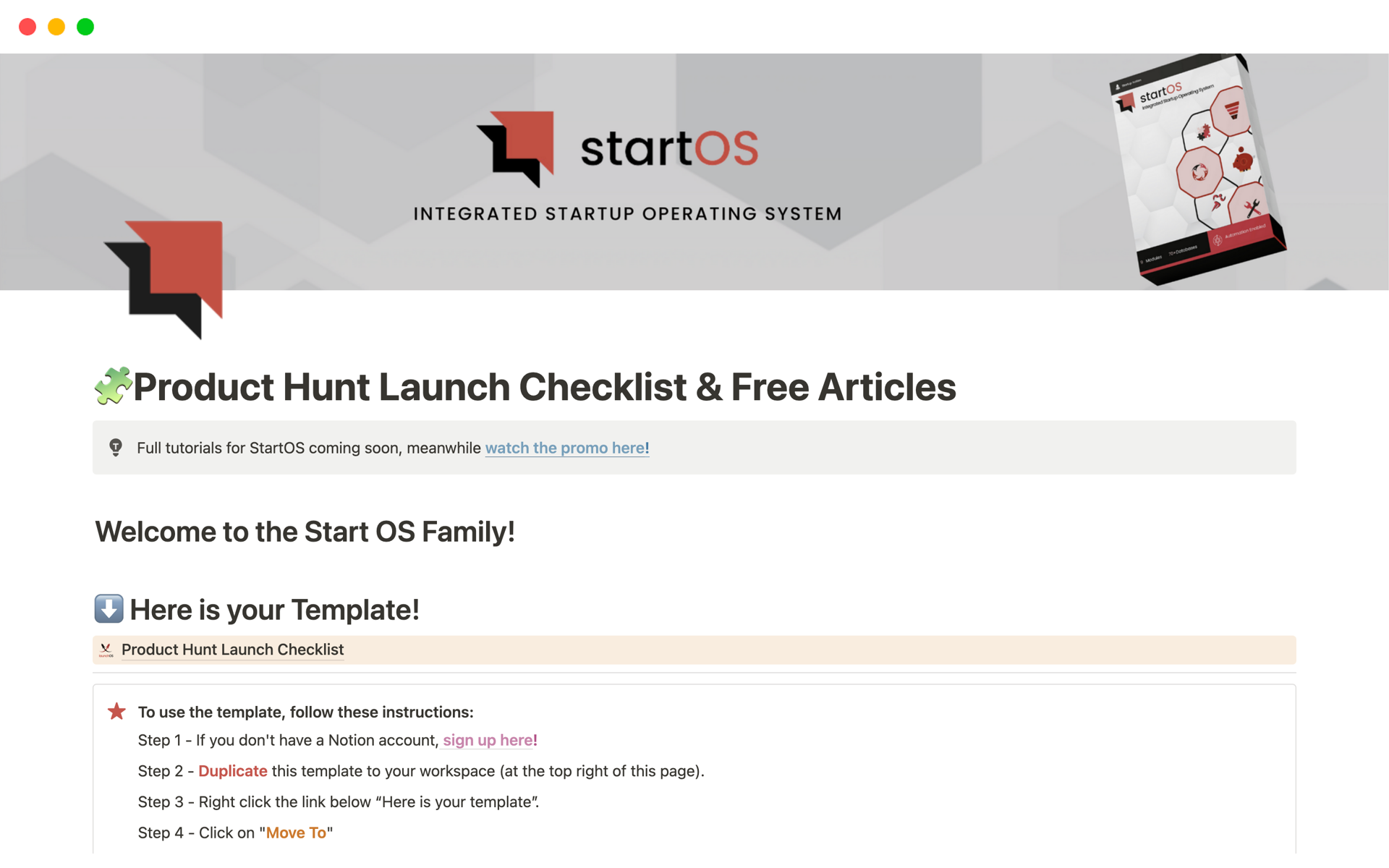 En forhåndsvisning av mal for Product Hunt Launch Checklist & Free Articles