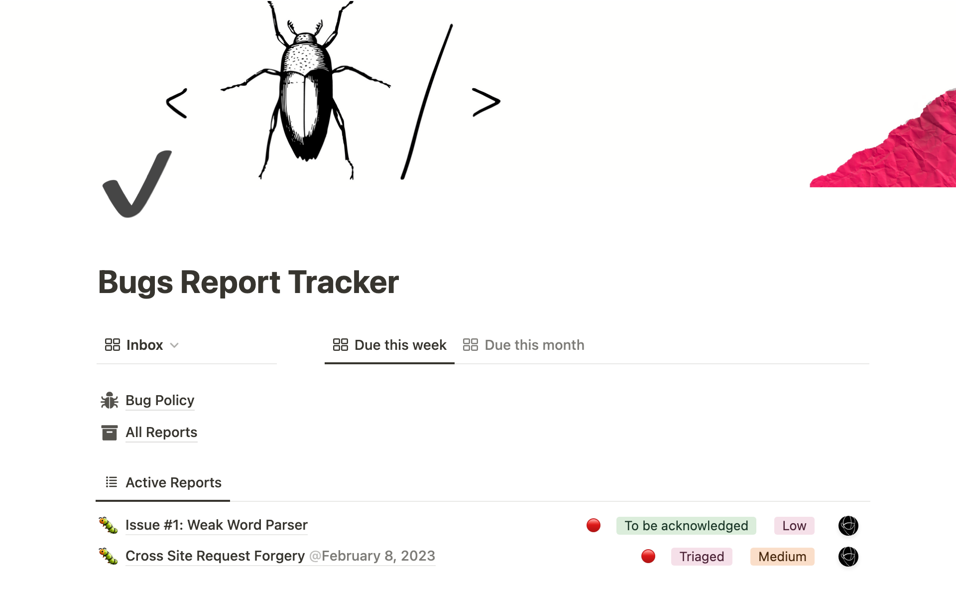 En förhandsgranskning av mallen för Bug Report Tracker