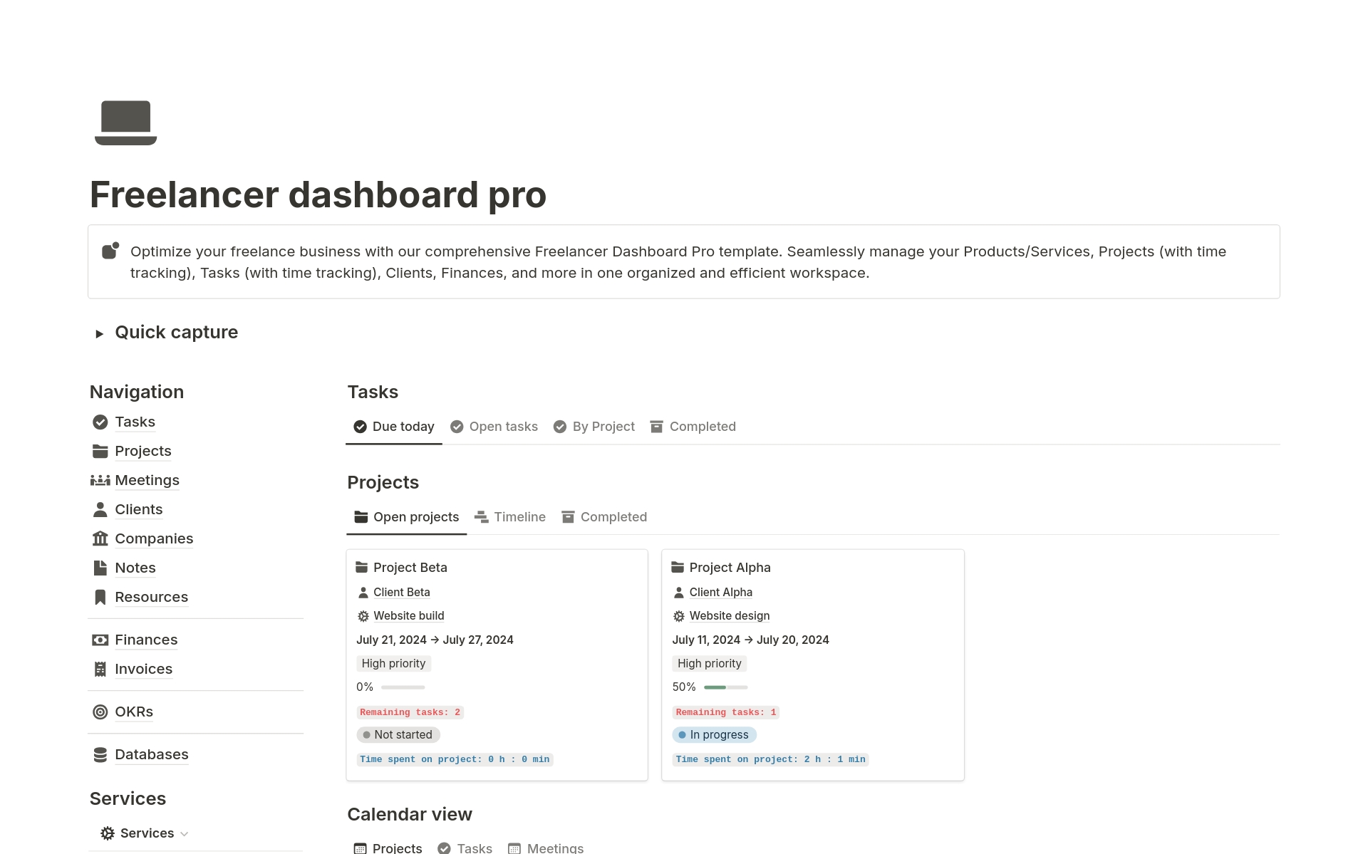 En förhandsgranskning av mallen för Freelancer dashboard pro