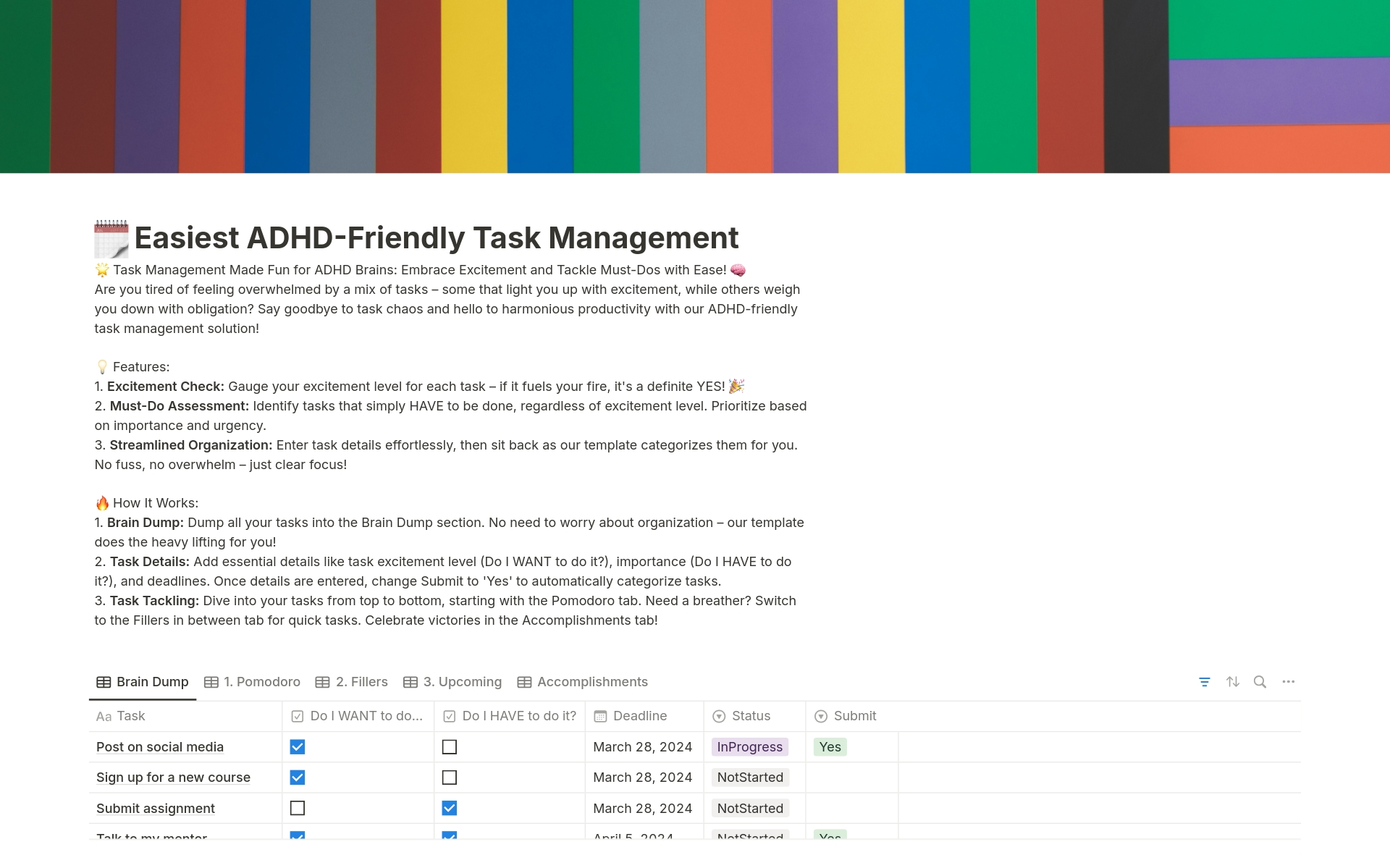 Are you tired of feeling overwhelmed by complicated task management systems that seem more like a chore than a solution? Say goodbye to stress and hello to simplicity with our easy-to-use Notion template designed specifically with ADHD individuals in mind.