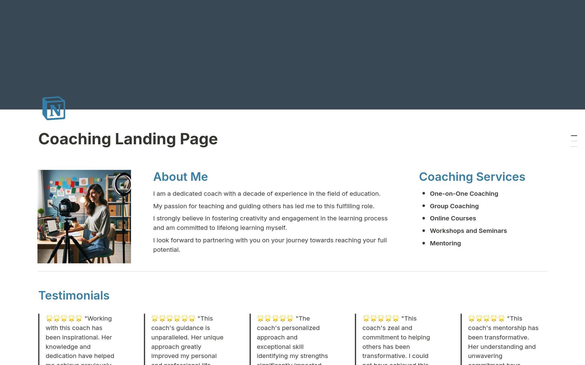 Coaching Landing Pageのテンプレートのプレビュー