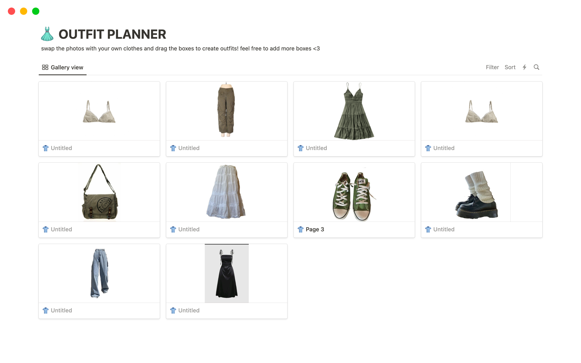 A template preview for outfit planner