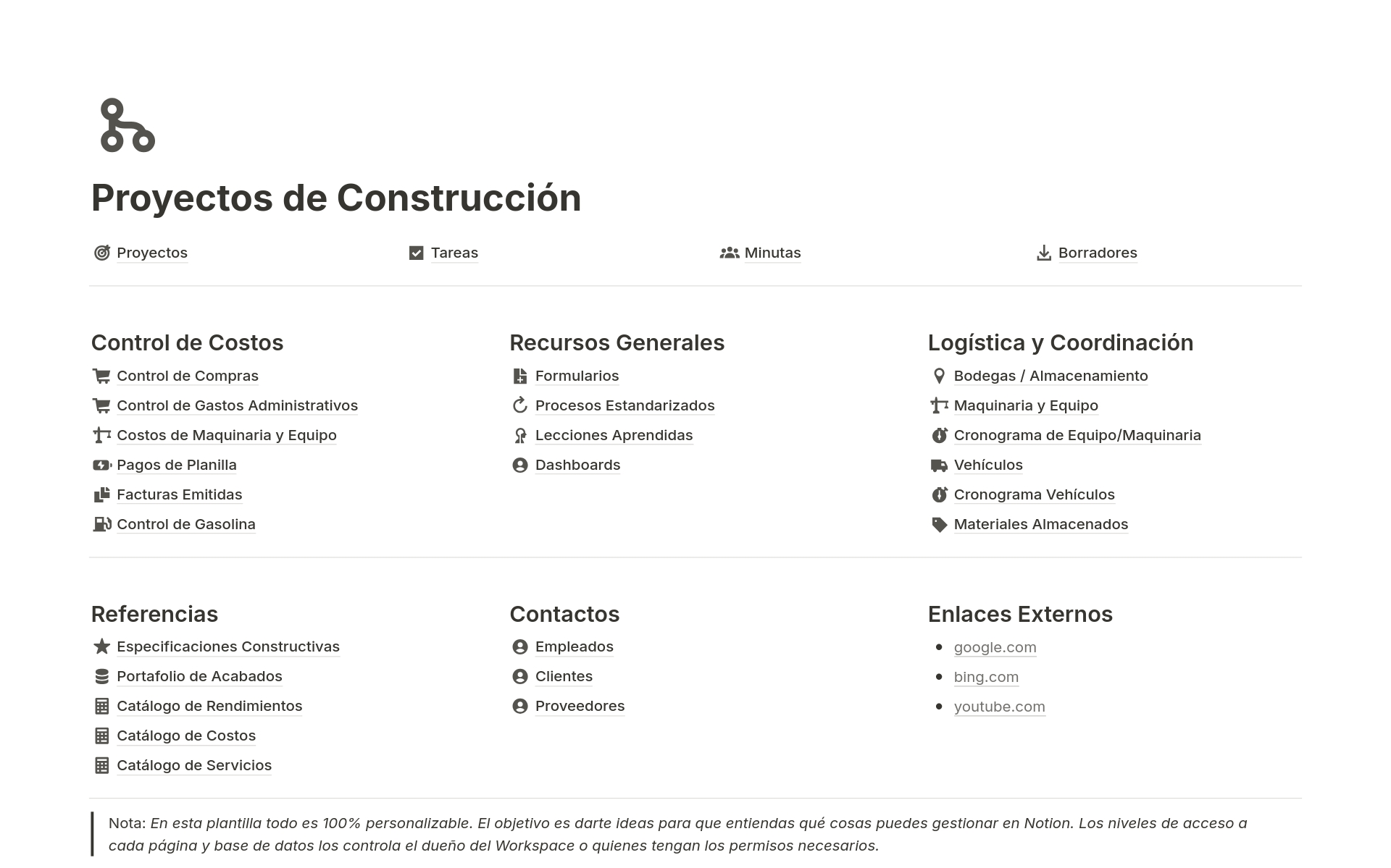 Vista previa de una plantilla para Proyectos de Construcción en Español