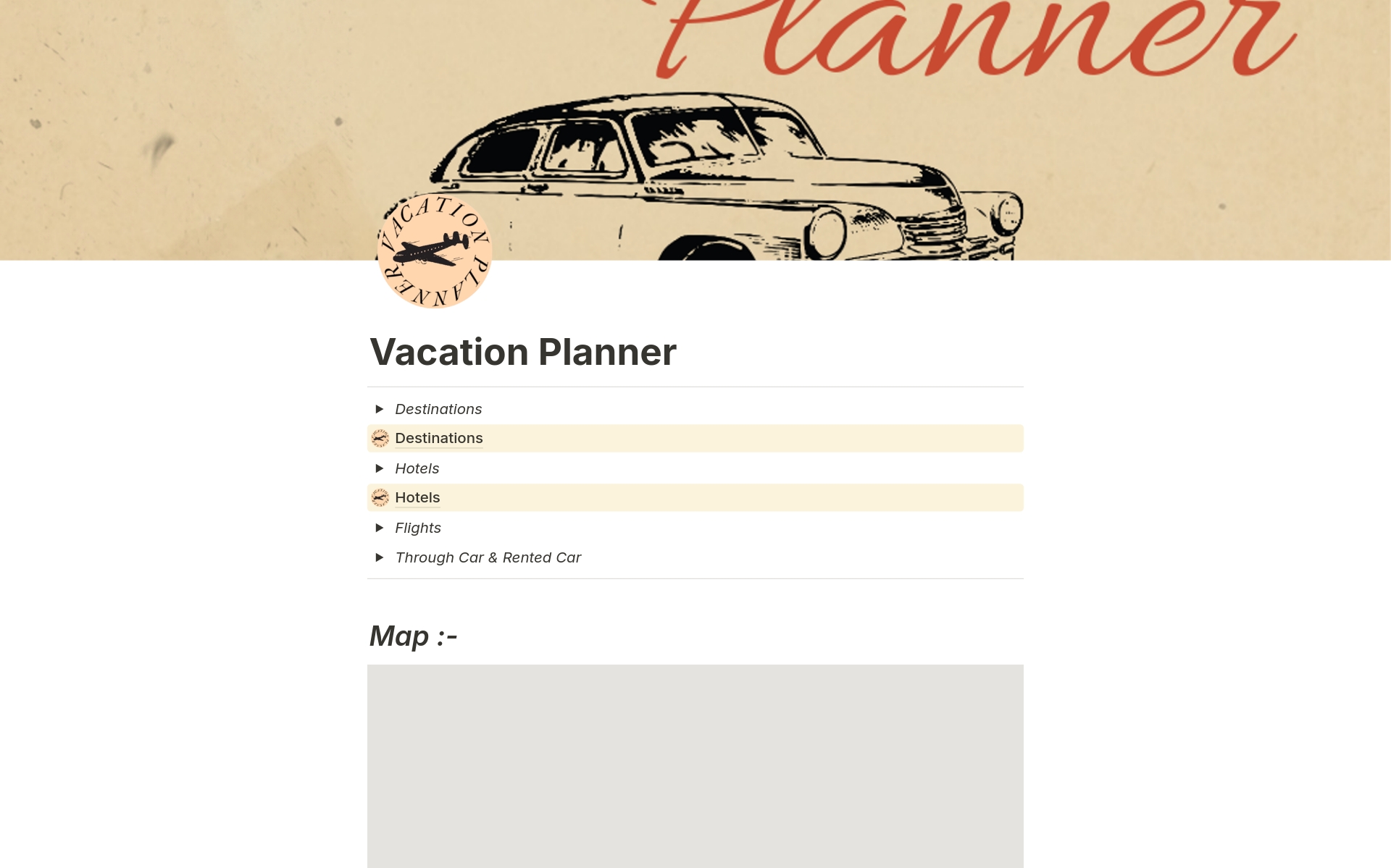En förhandsgranskning av mallen för Vacation Planner 