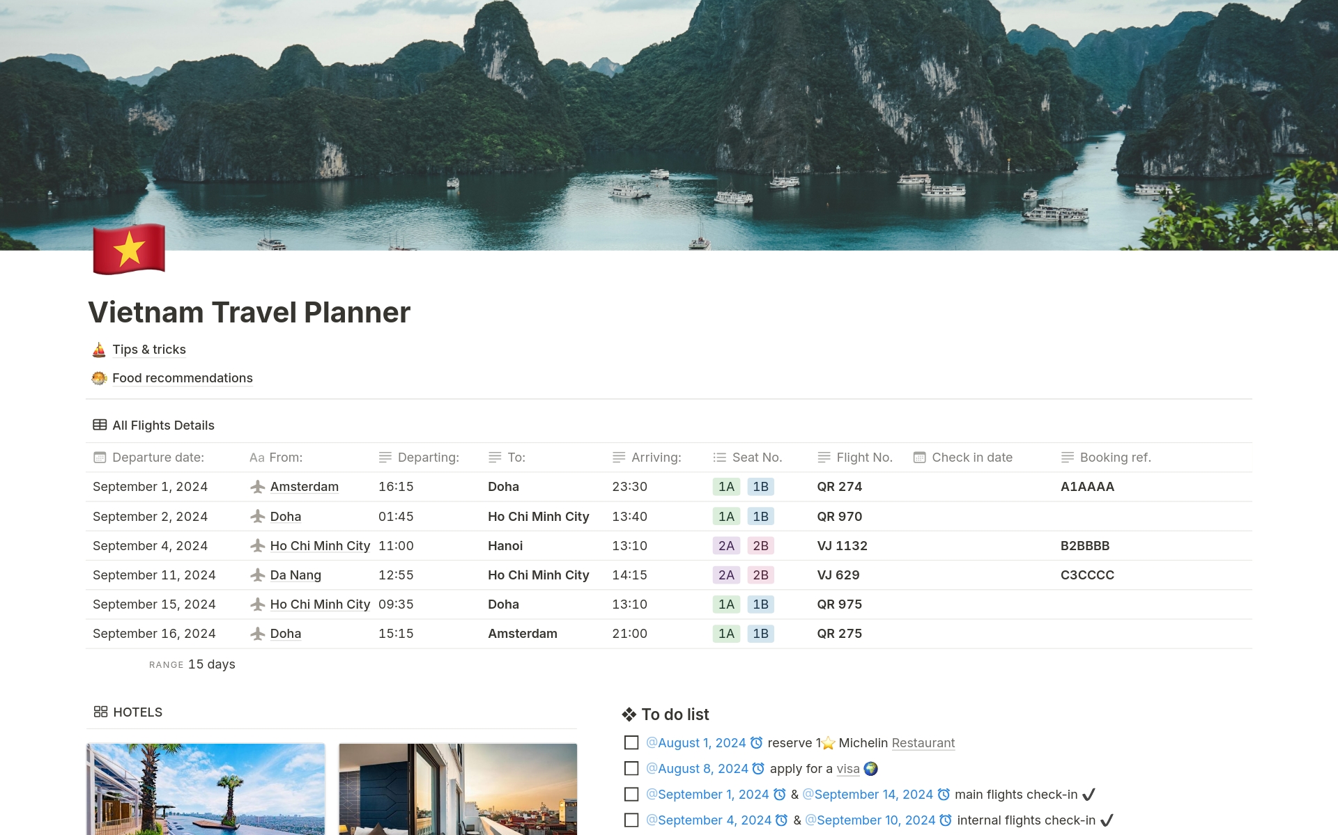 Discover the perfect minimalist travel planner! This template features essential tools for planning your trip to Vietnam (or anywhere, reall): tips, shopping & to-do lists, check-in reminders, and a customizable Kanban board for your travel plans. Simple, practical, and fuss-free