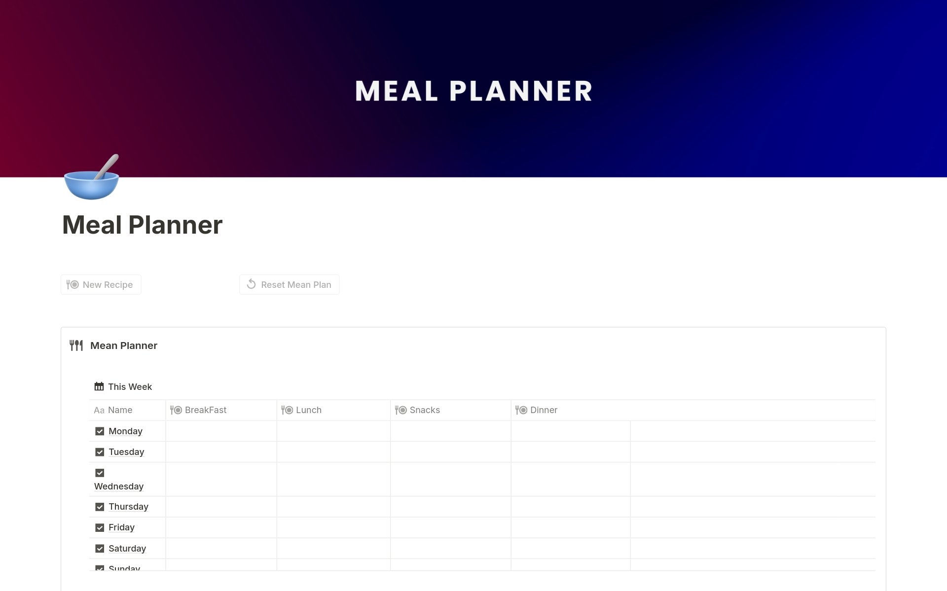 Streamline your meal planning with the Notion Meal Planner. Track recipes, plan your meals, and stay organized in the kitchen.