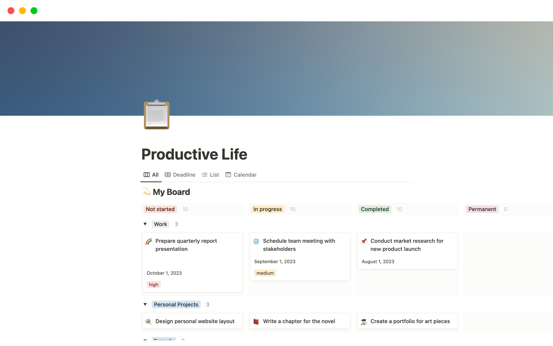 A template preview for Productive Life