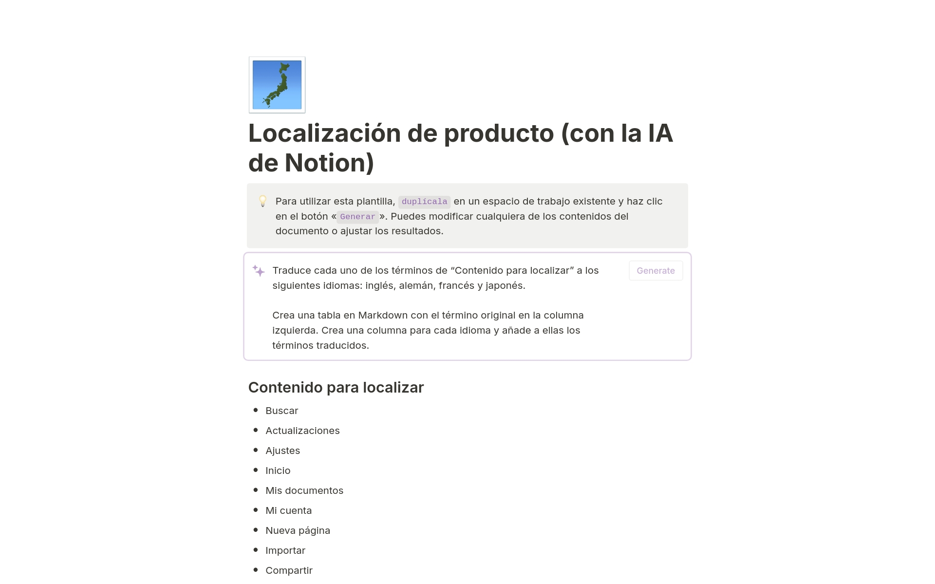 Vista previa de plantilla para Localización de producto (con la IA de Notion)