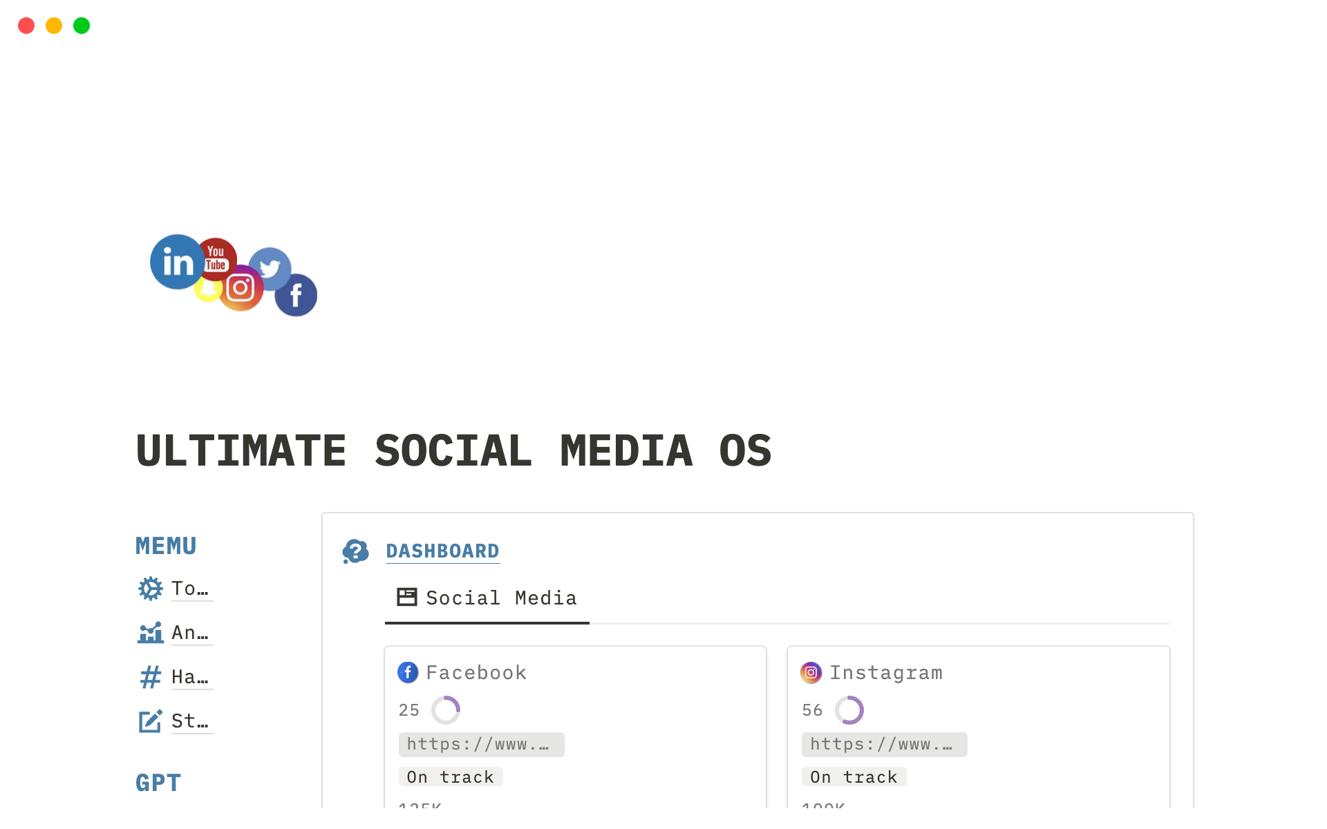 En forhåndsvisning av mal for Ultimate Social Media OS