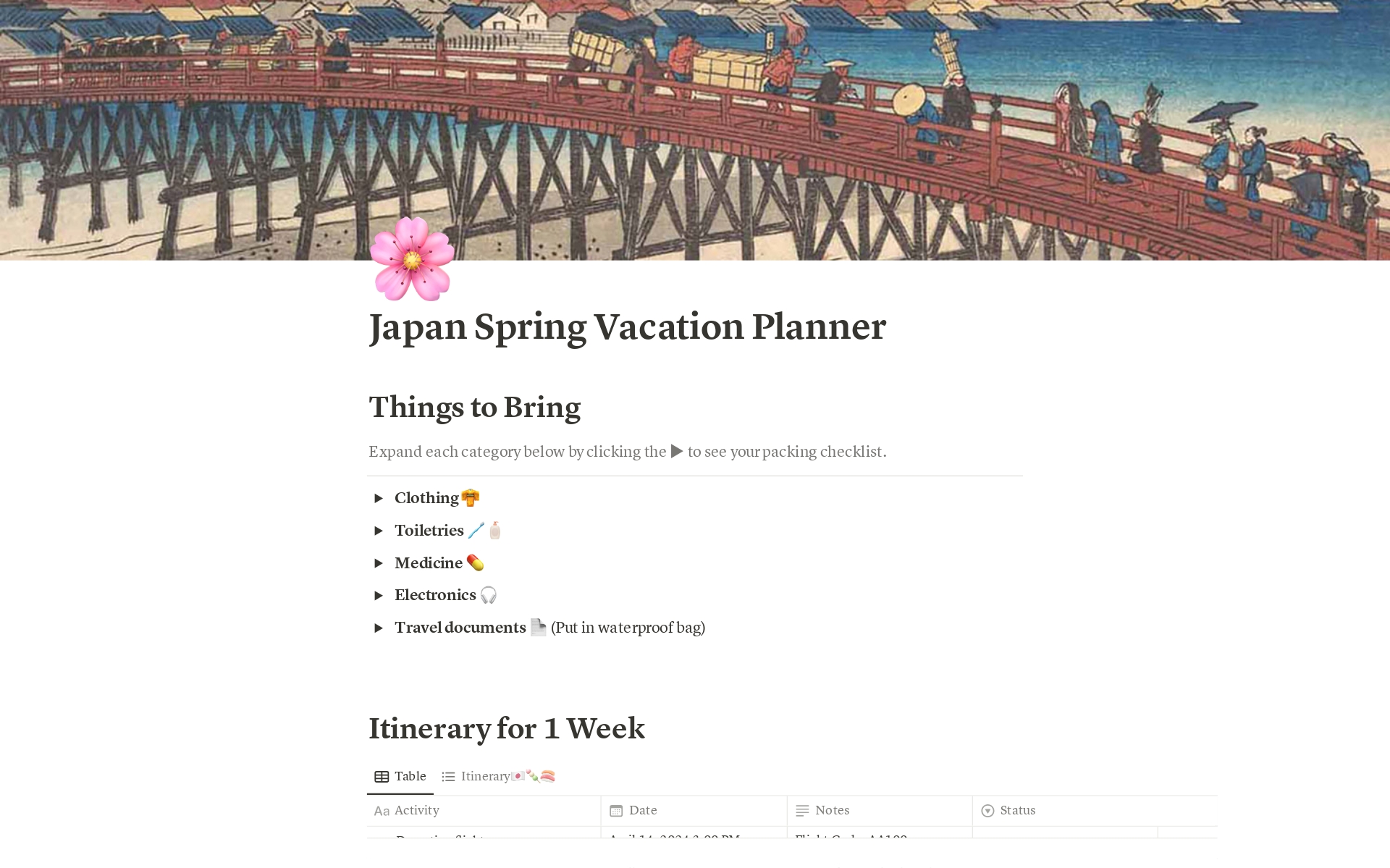 A template preview for Japan Spring Vacation Planner
