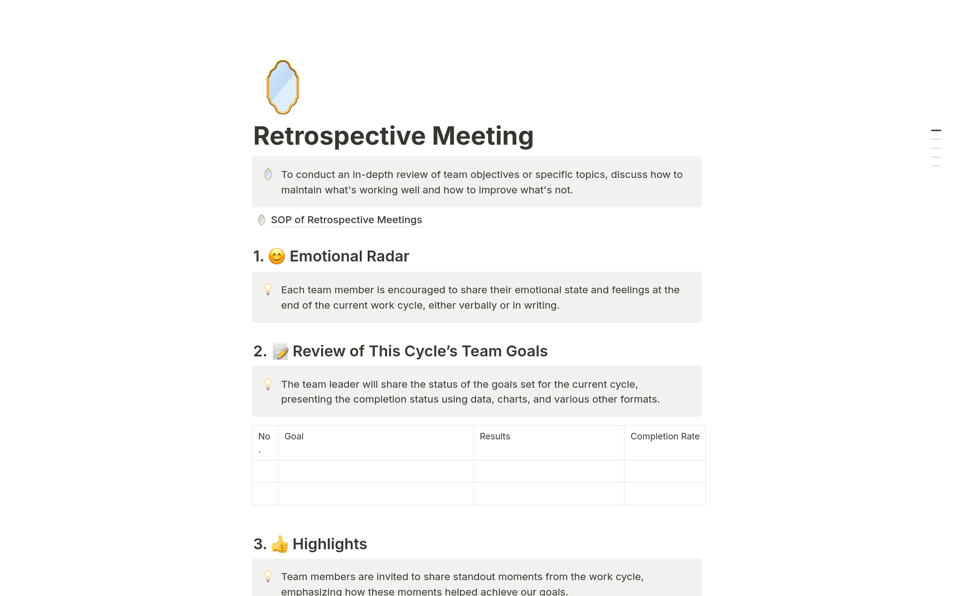 A template preview for Retrospective Meeting