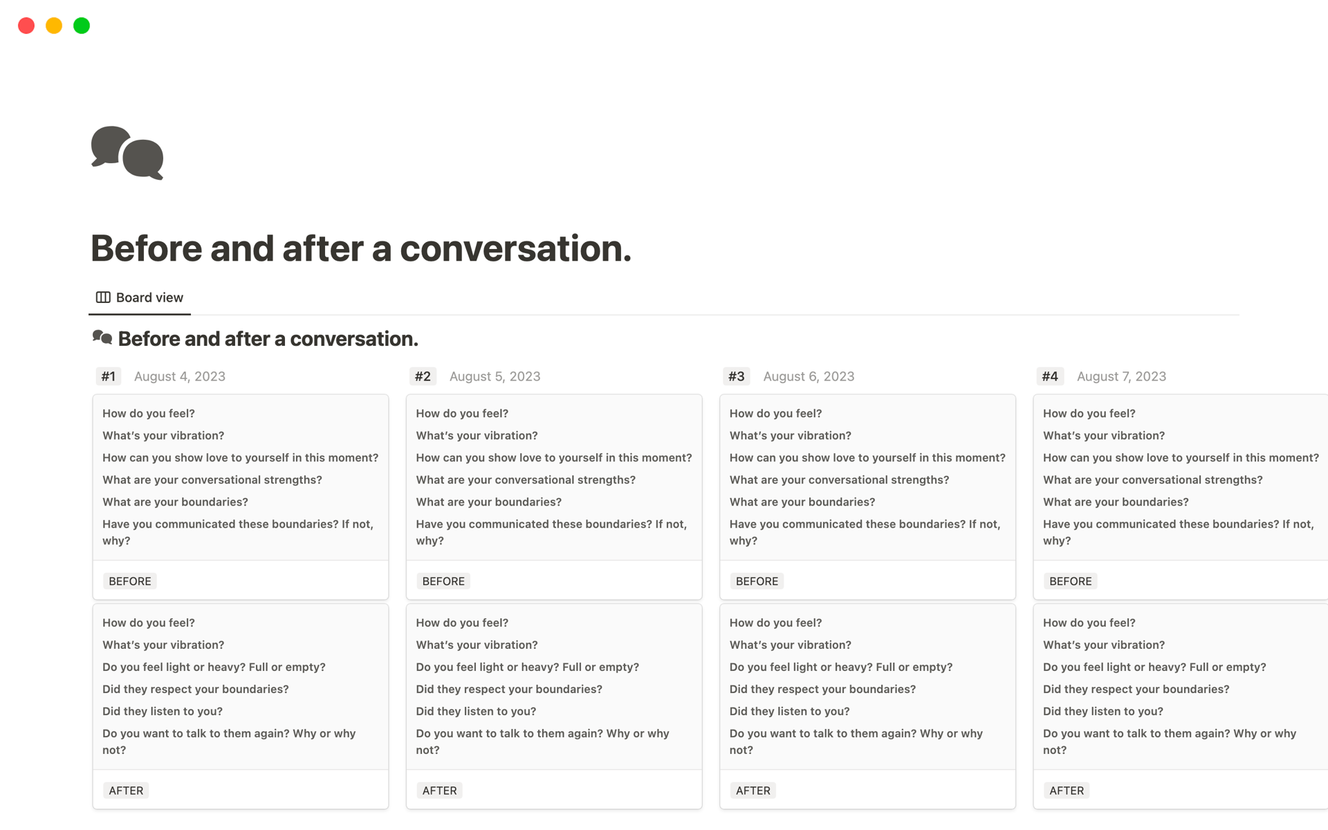 En förhandsgranskning av mallen för Pre- and Post-Conversation Notion Template
