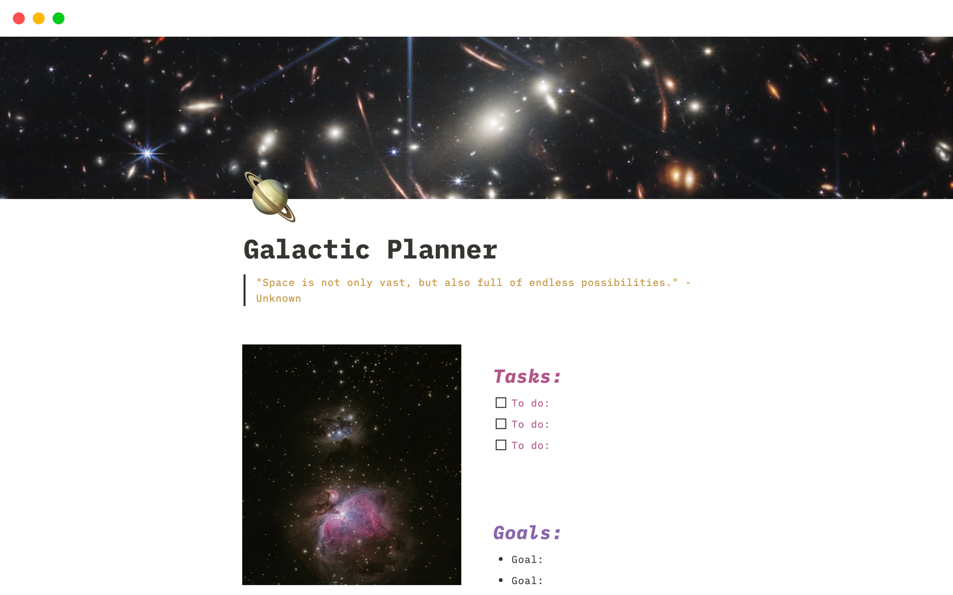 En förhandsgranskning av mallen för Galactic Planner