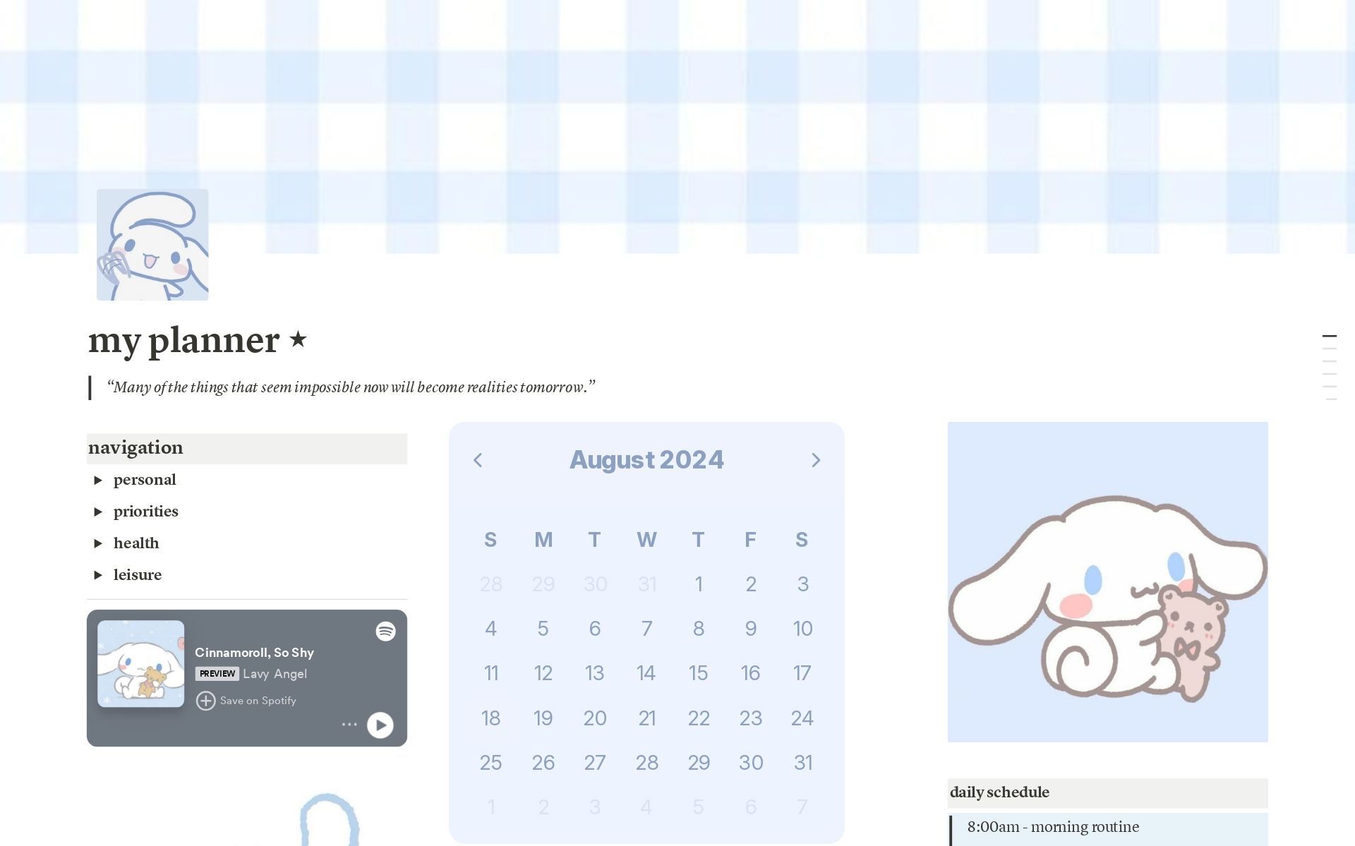 A template preview for Cinnamoroll Planner