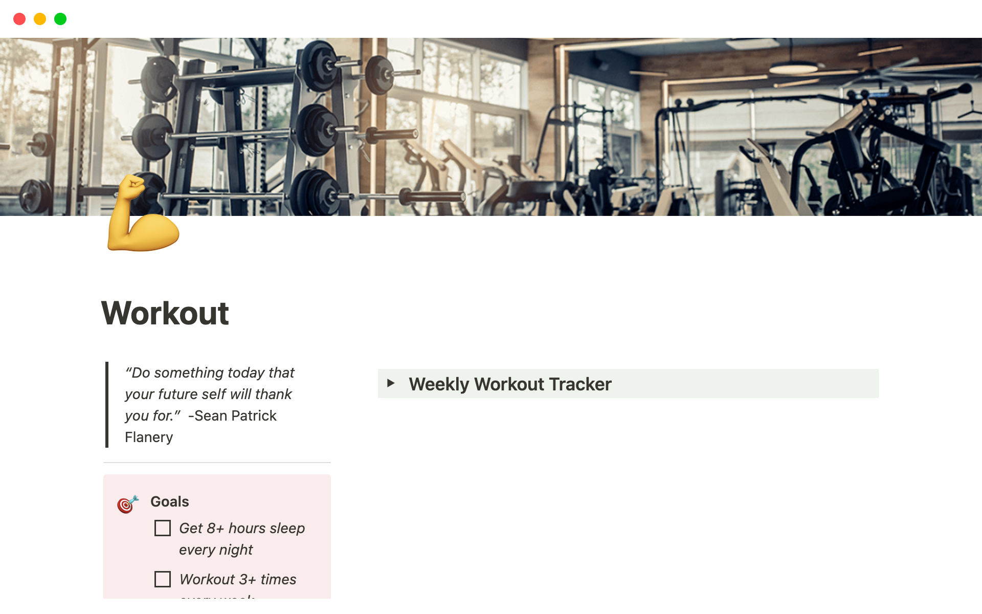 En forhåndsvisning av mal for Gym Workout Tracker