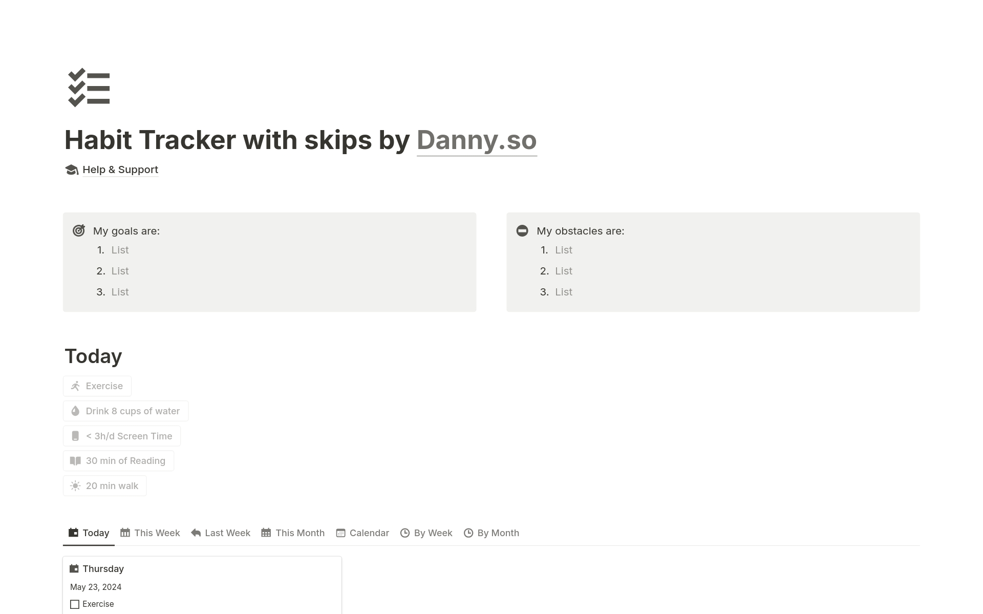 Minimal Habit Tracker with Skipped Daysのテンプレートのプレビュー
