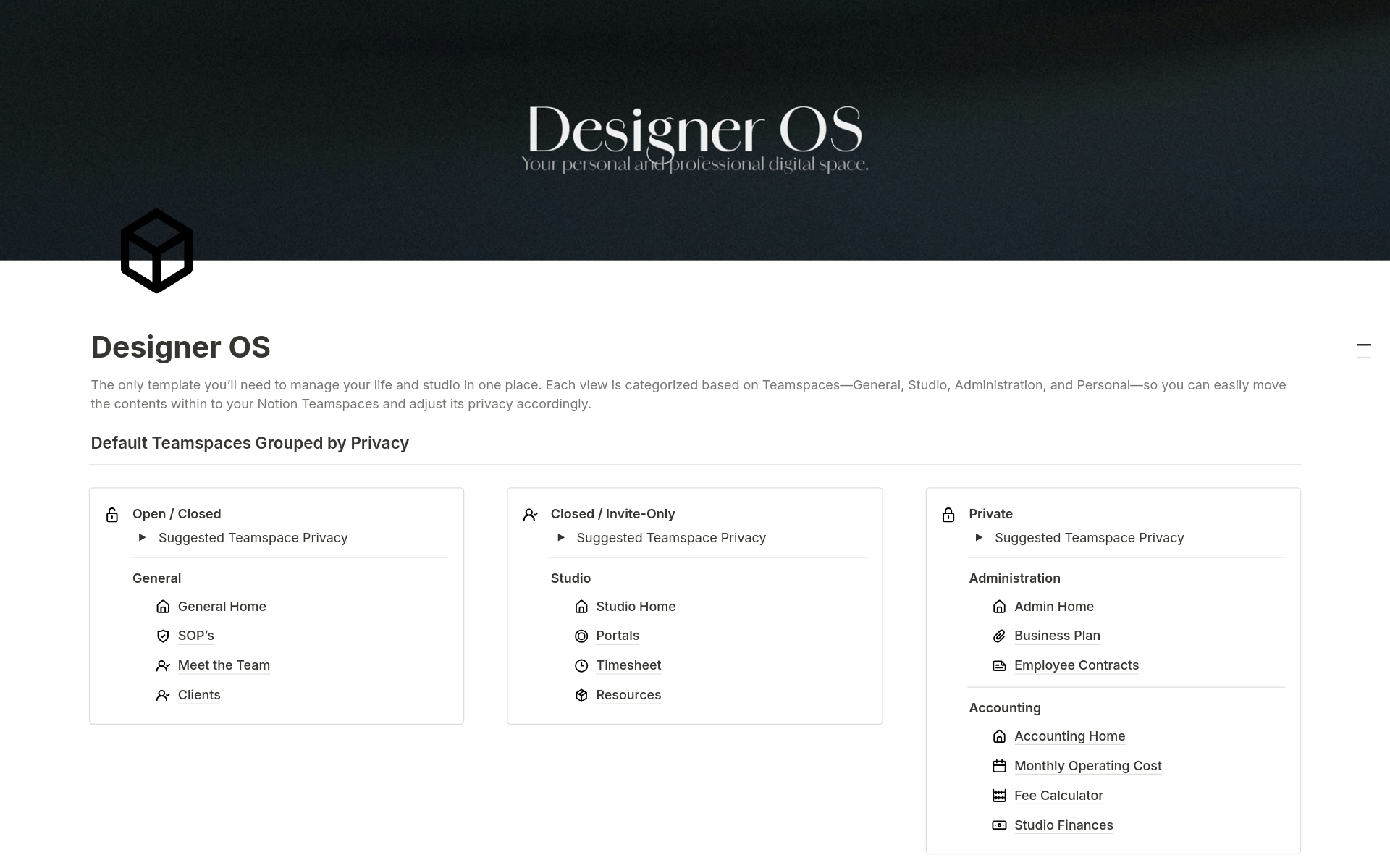 A template preview for Designer OS