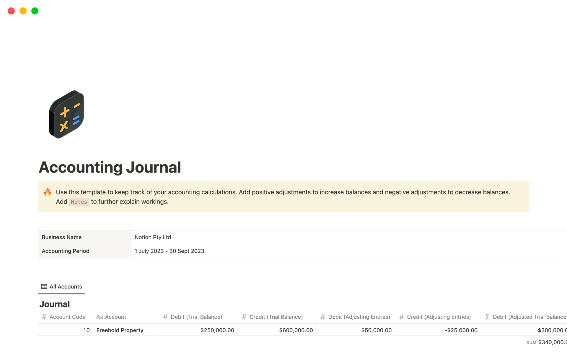 Vista previa de una plantilla para Accounting Journal