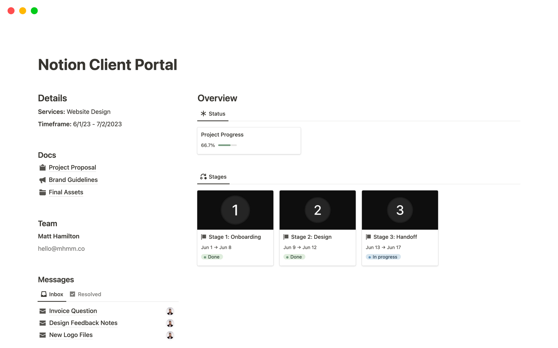 Vista previa de una plantilla para Notion Client Portal
