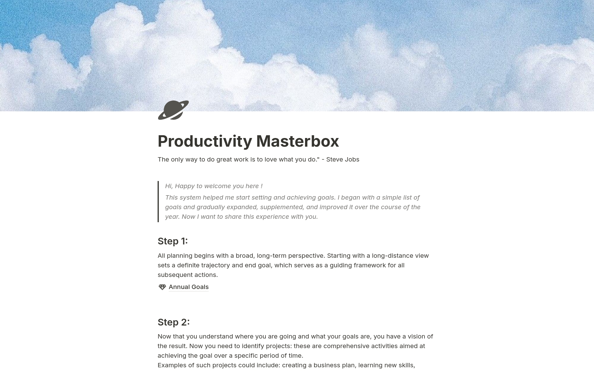 En förhandsgranskning av mallen för Productivity Masterbox